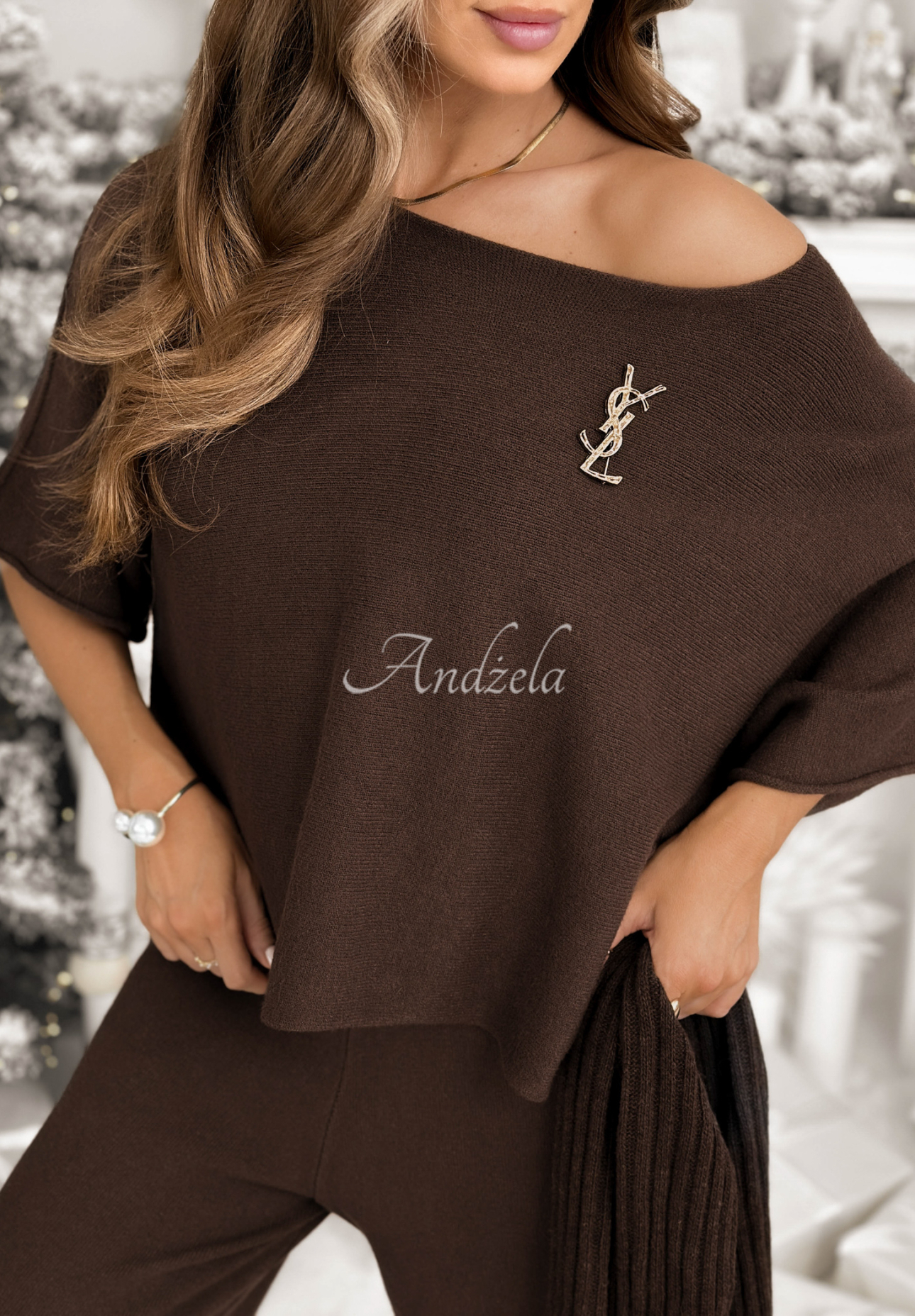 Strickset Bluse und Hose aus Viskose Can&#039;t Talk Schokoladenbraun