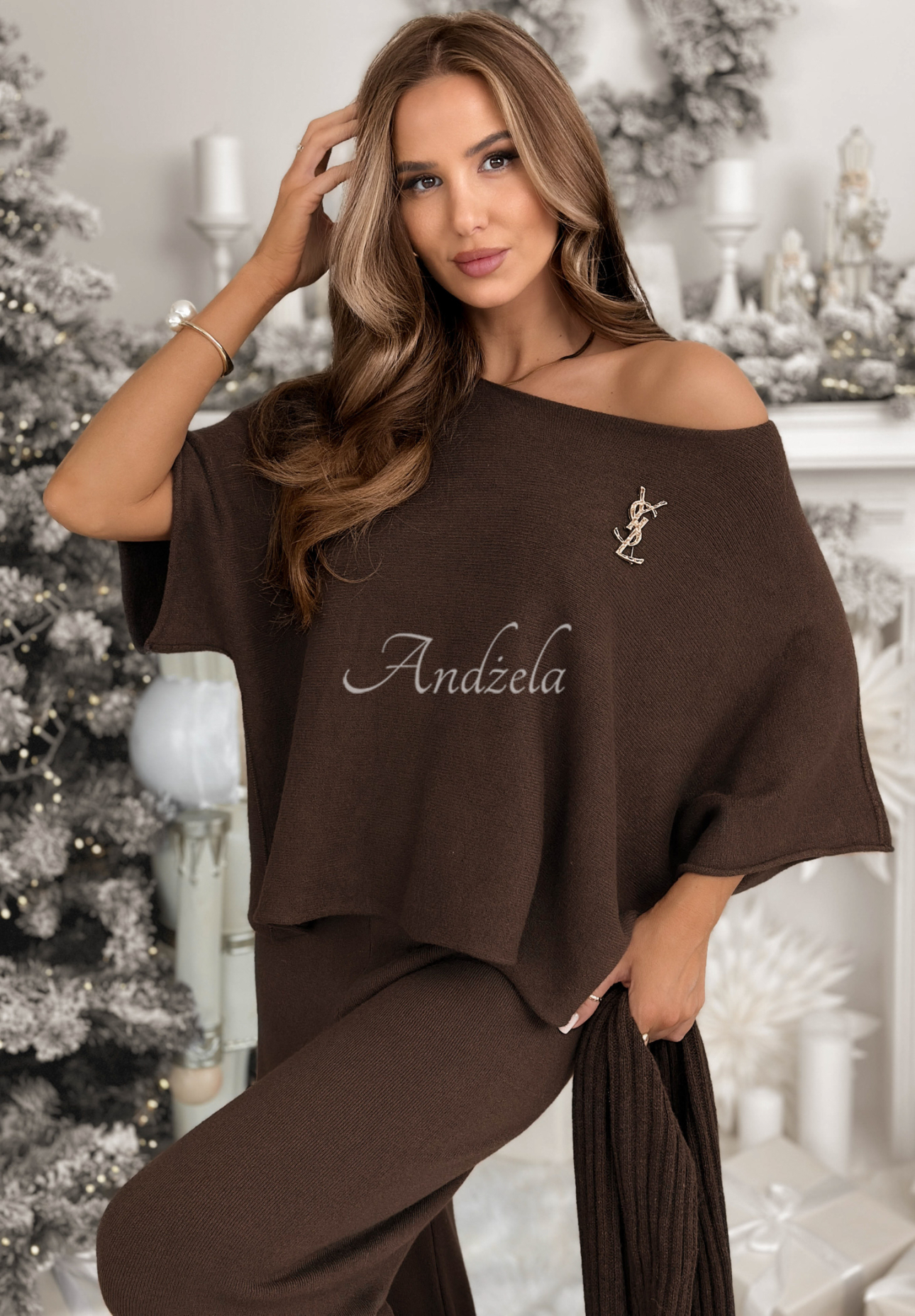 Strickset Bluse und Hose aus Viskose Can&#039;t Talk Schokoladenbraun