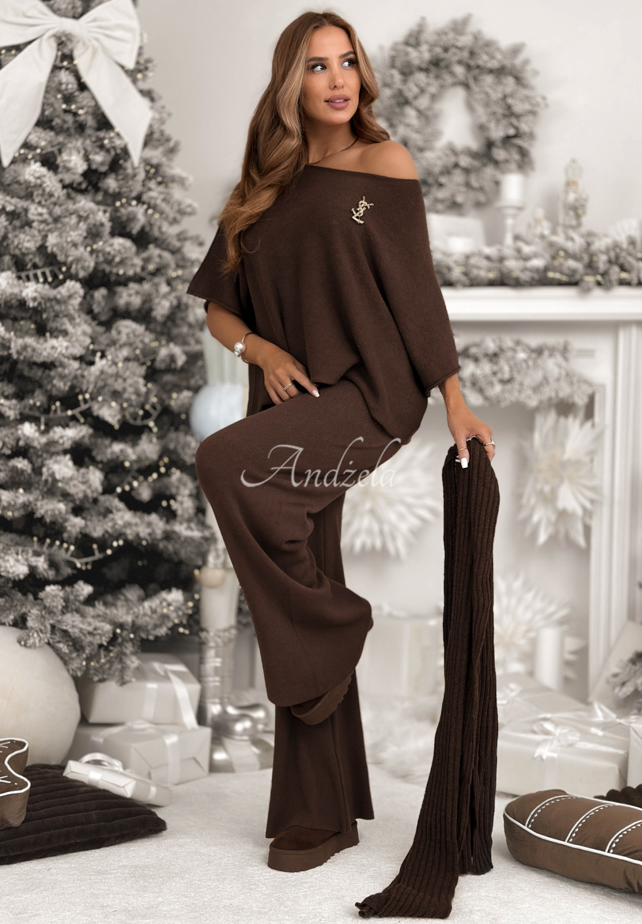 Strickset Bluse und Hose aus Viskose Can't Talk Schokoladenbraun