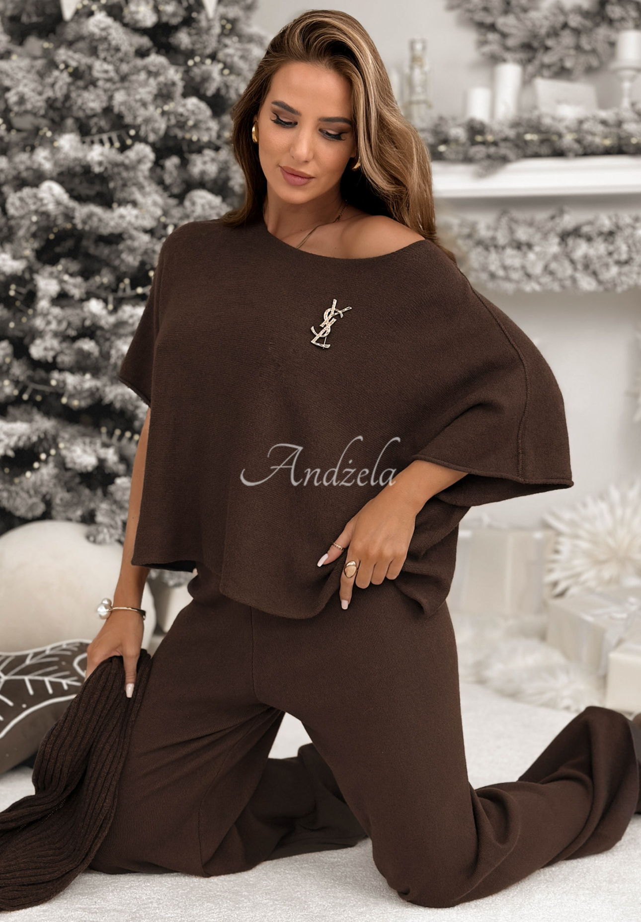 Strickset Bluse und Hose aus Viskose Can&#039;t Talk Schokoladenbraun