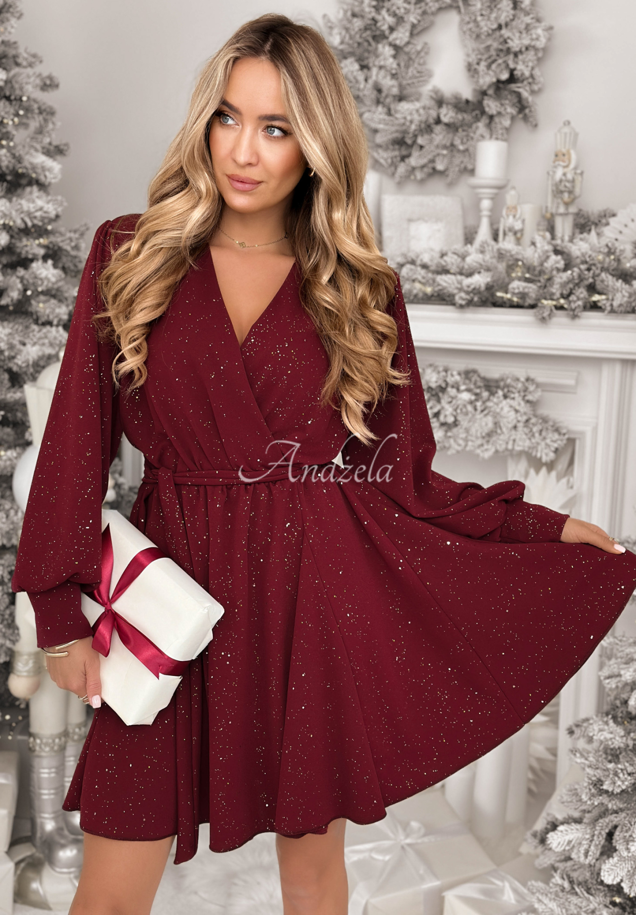 Glänzendes Kleid aus Viskose mini Never Yours Burgunderrot