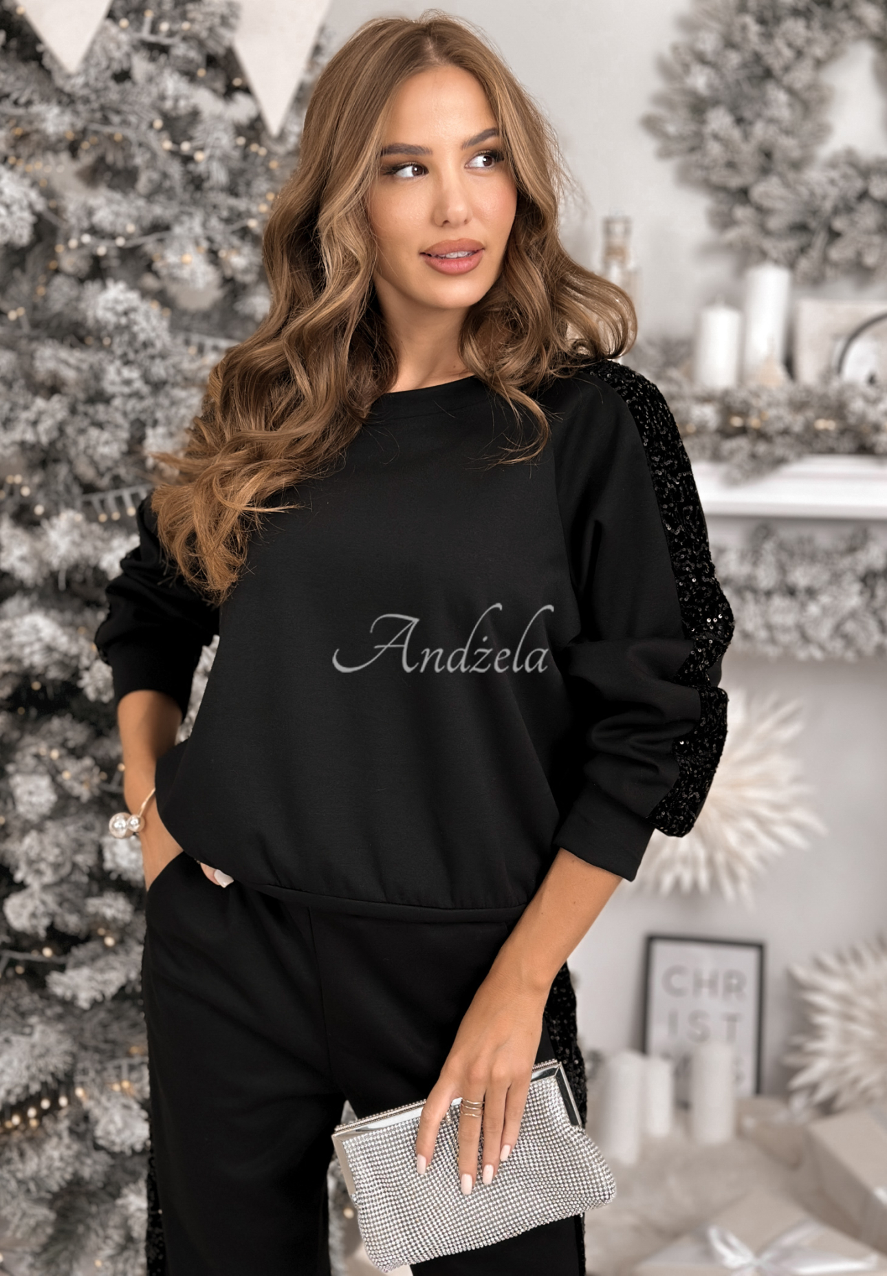 Viskose-Trainingsanzug Sweatshirt und Hose mit Pailetten Nothing To Do Schwarz