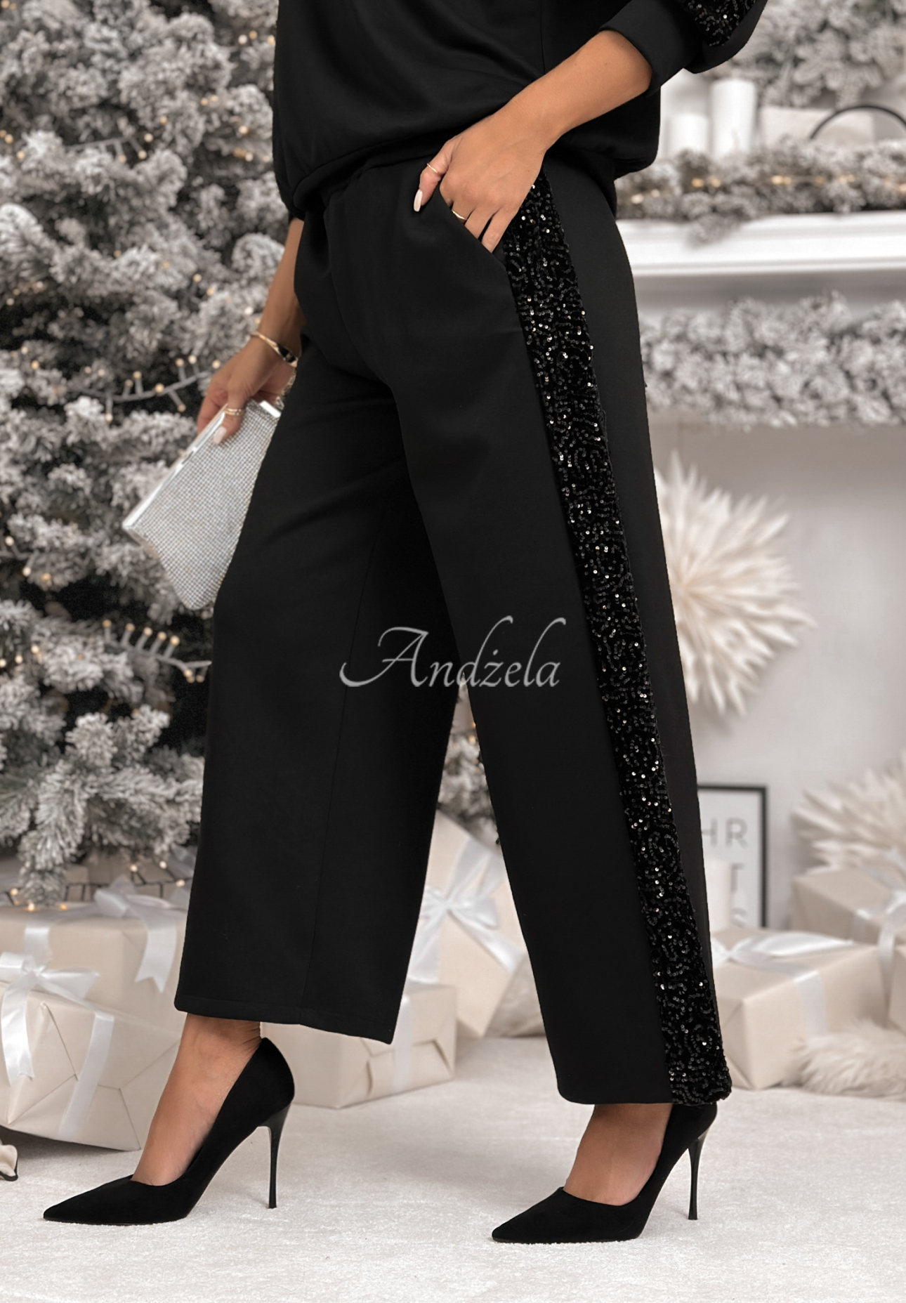 Viskose-Trainingsanzug Sweatshirt und Hose mit Pailetten Nothing To Do Schwarz