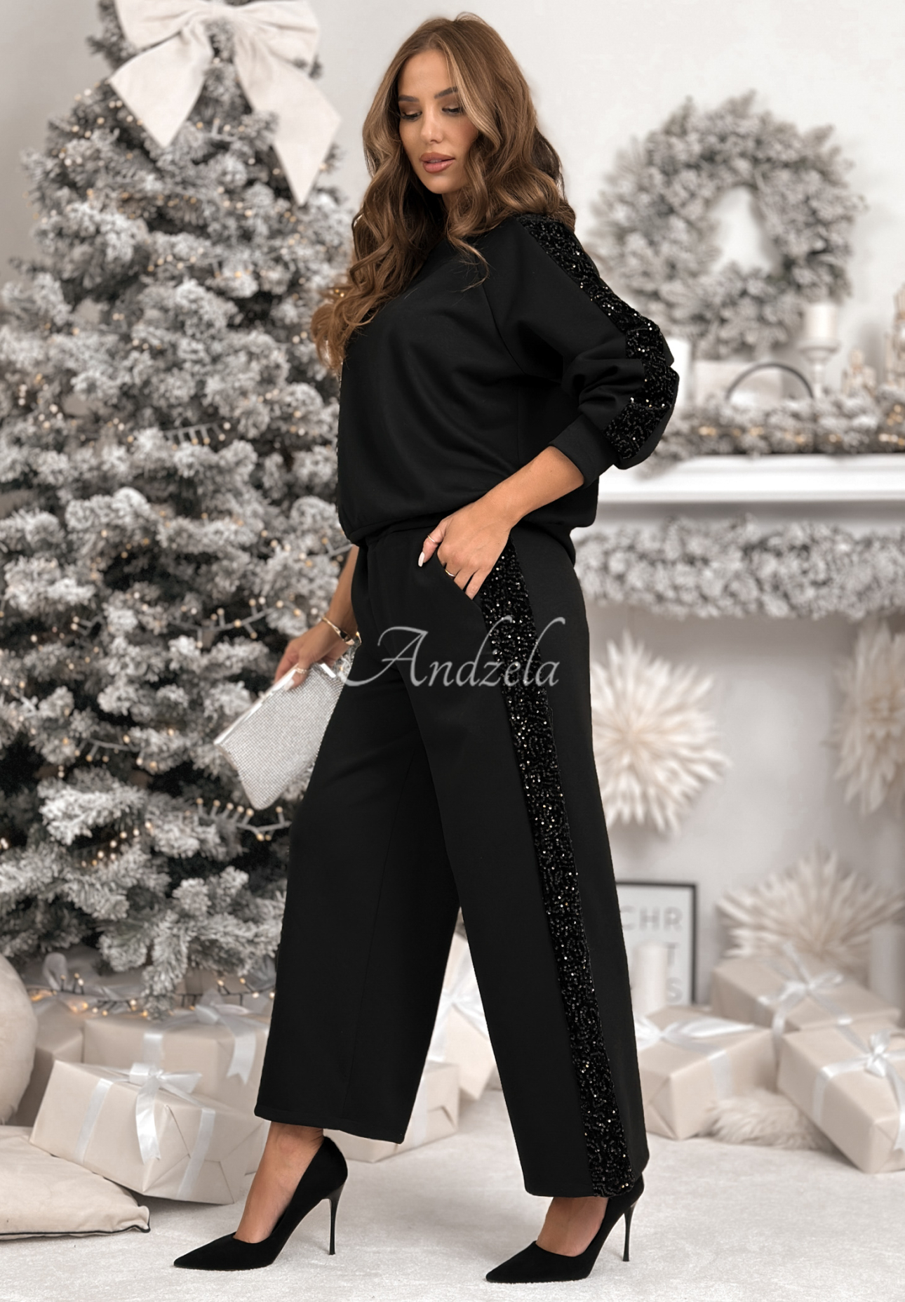 Viskose-Trainingsanzug Sweatshirt und Hose mit Pailetten Nothing To Do Schwarz