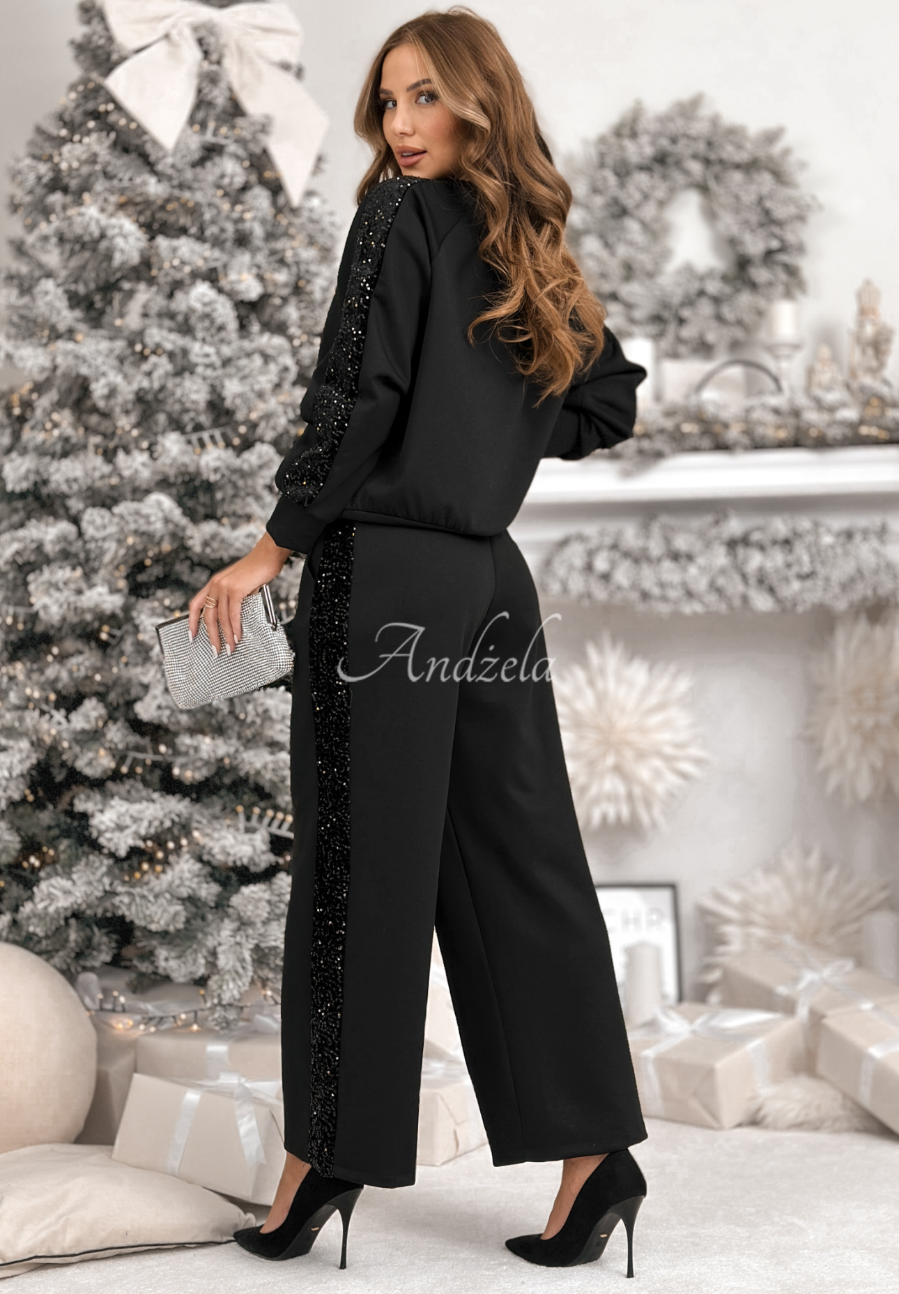 Viskose-Trainingsanzug Sweatshirt und Hose mit Pailetten Nothing To Do Schwarz