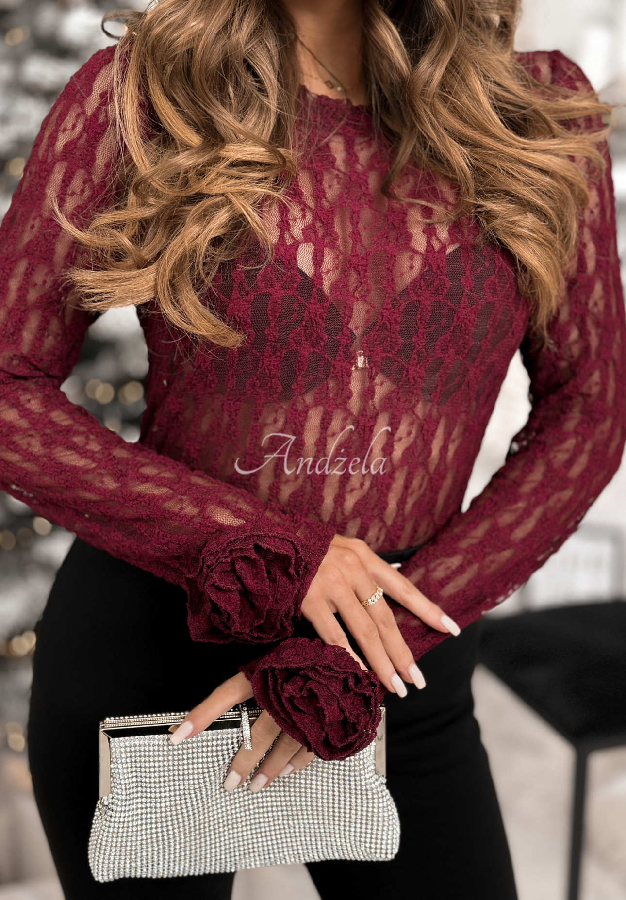 Spitzenbluse longsleeve mit Rosen Lace &amp; Roses Burgunderrot