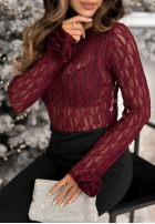 Koronkowa Bluse longsleeve z różami Lace & Roses Burgunderrot