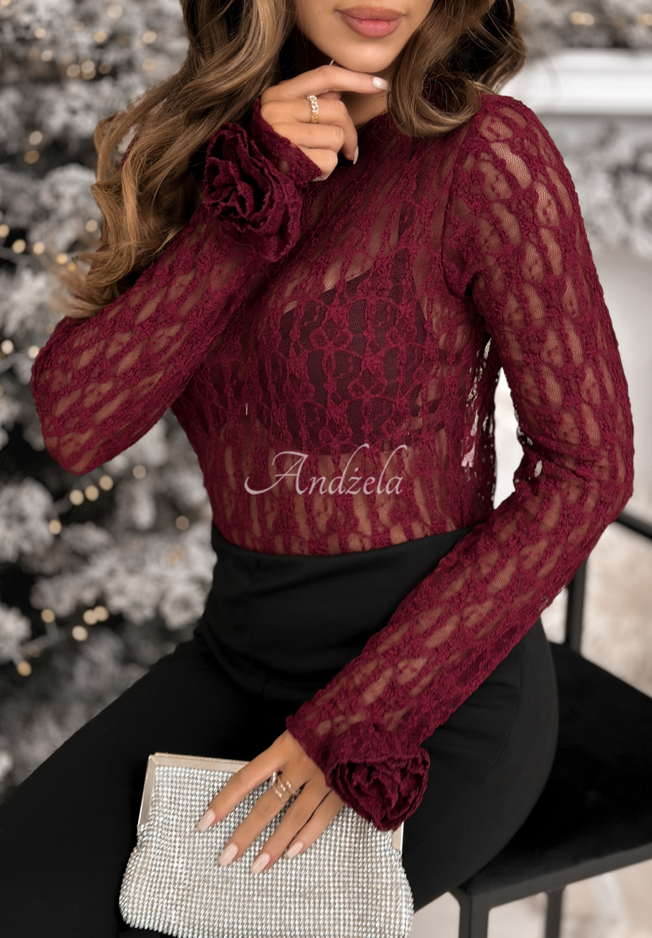 Spitzenbluse longsleeve mit Rosen Lace &amp; Roses Burgunderrot