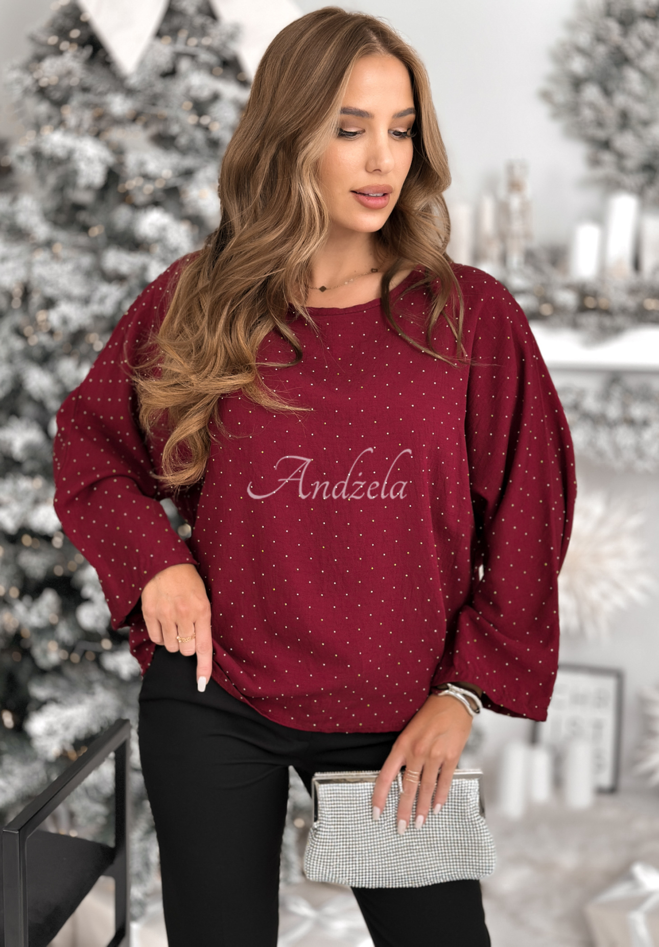 Viskose-Bluse mit Schleife und Kristallen The Stars Twinkle Burgunderrot