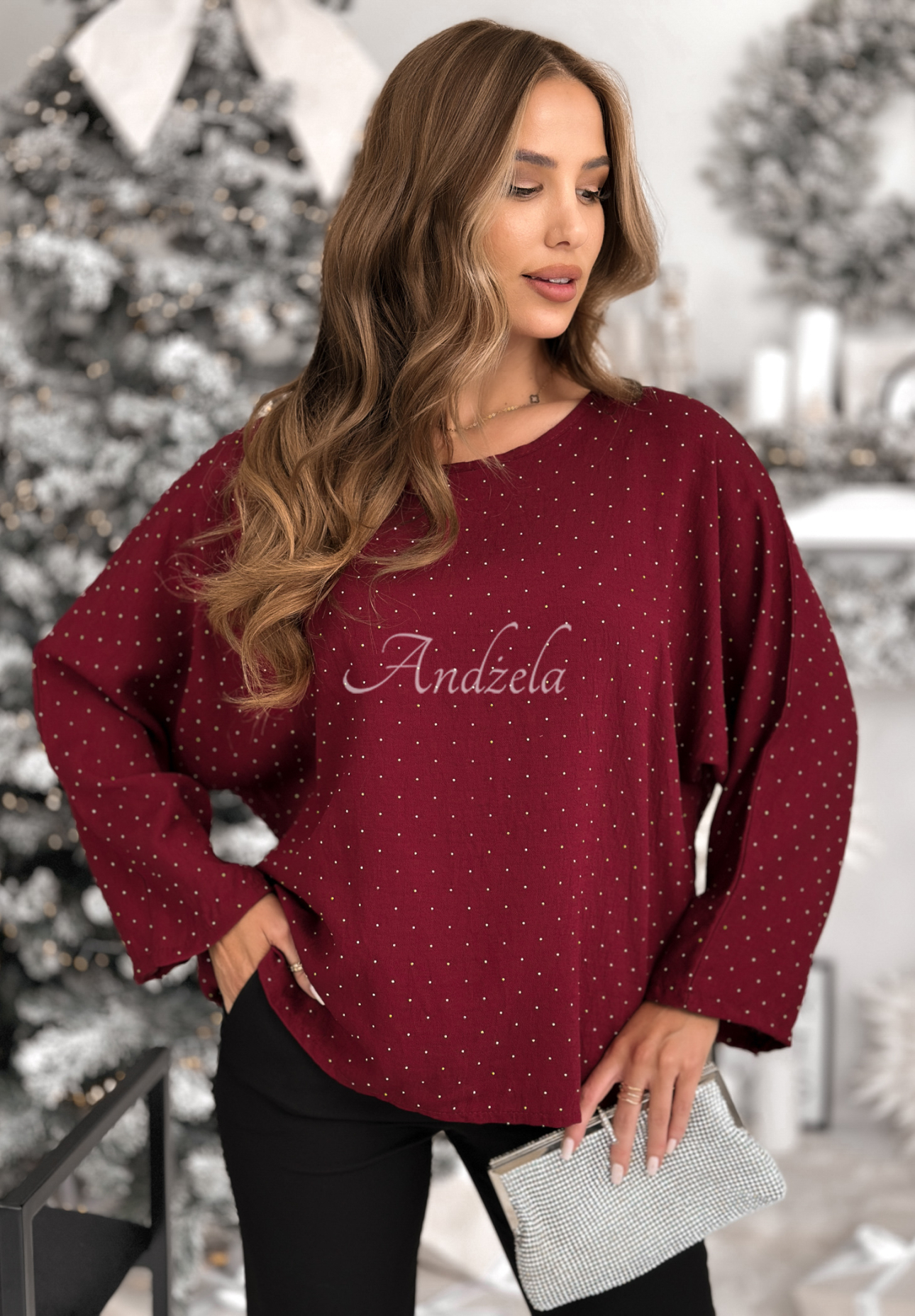 Viskose-Bluse mit Schleife und Kristallen The Stars Twinkle Burgunderrot