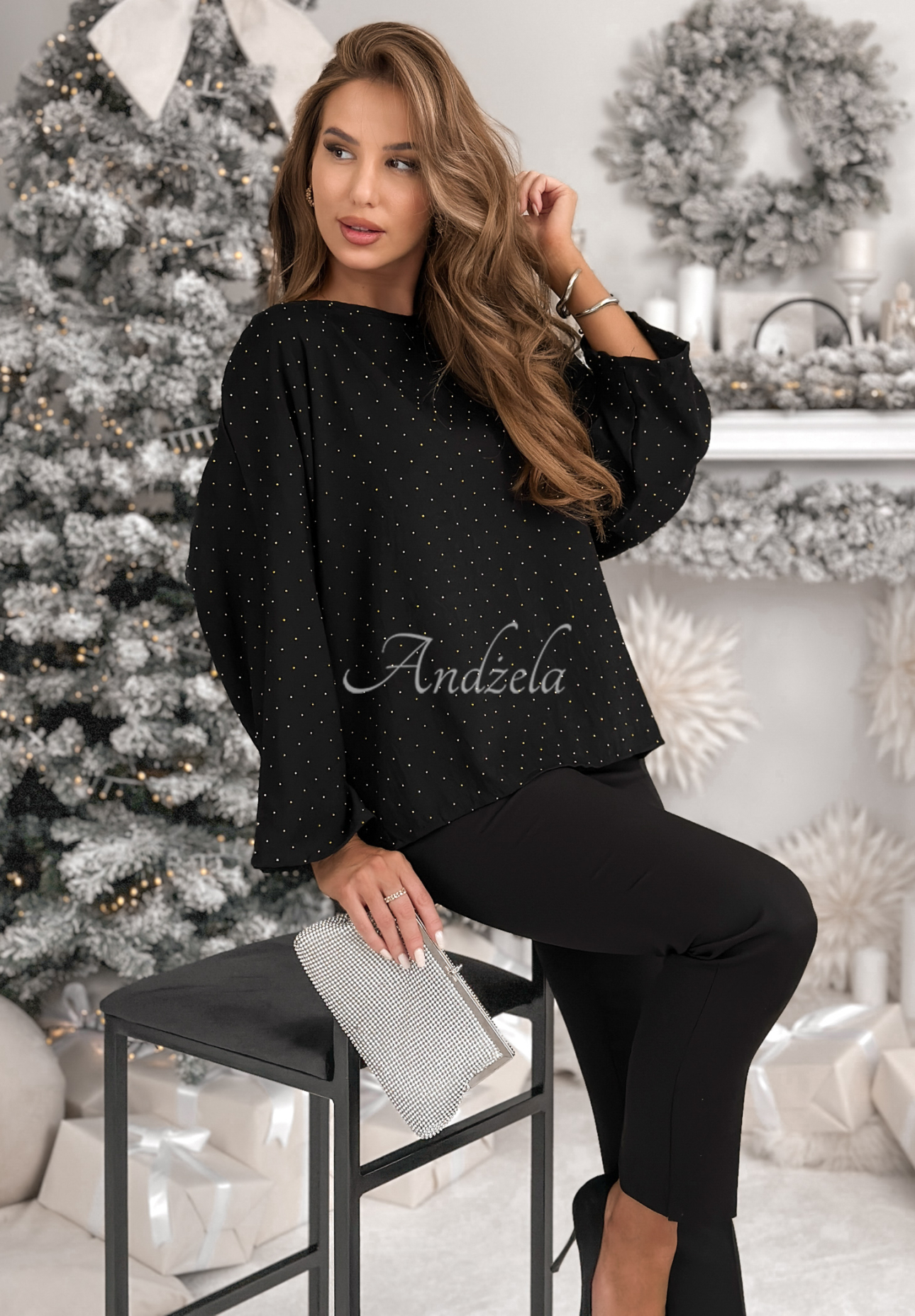 Viskose-Bluse mit Schleife und Kristallen The Stars Twinkle Schwarz