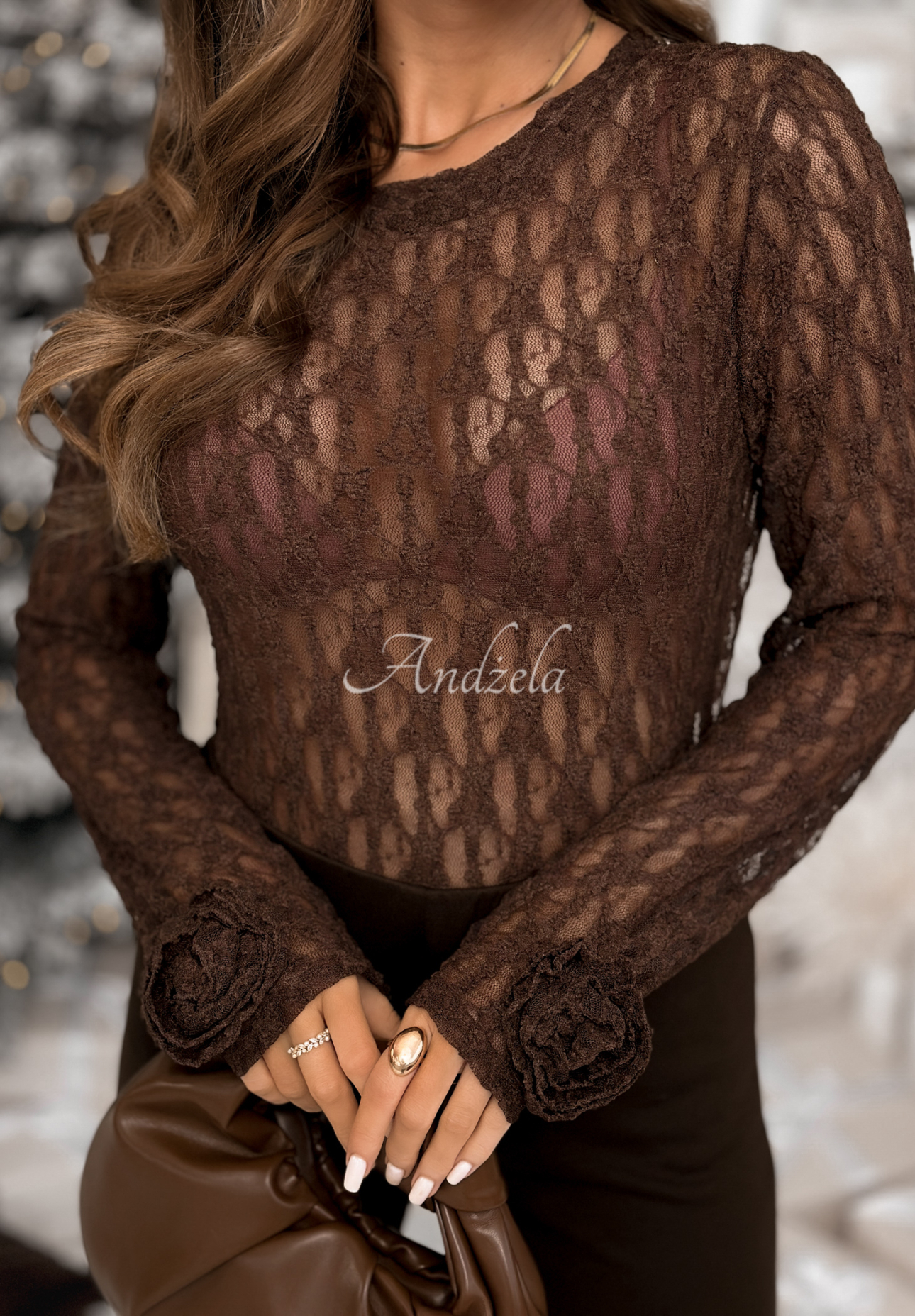 Spitzenbluse longsleeve mit Rosen Lace &amp; Roses Schokoladenbraun