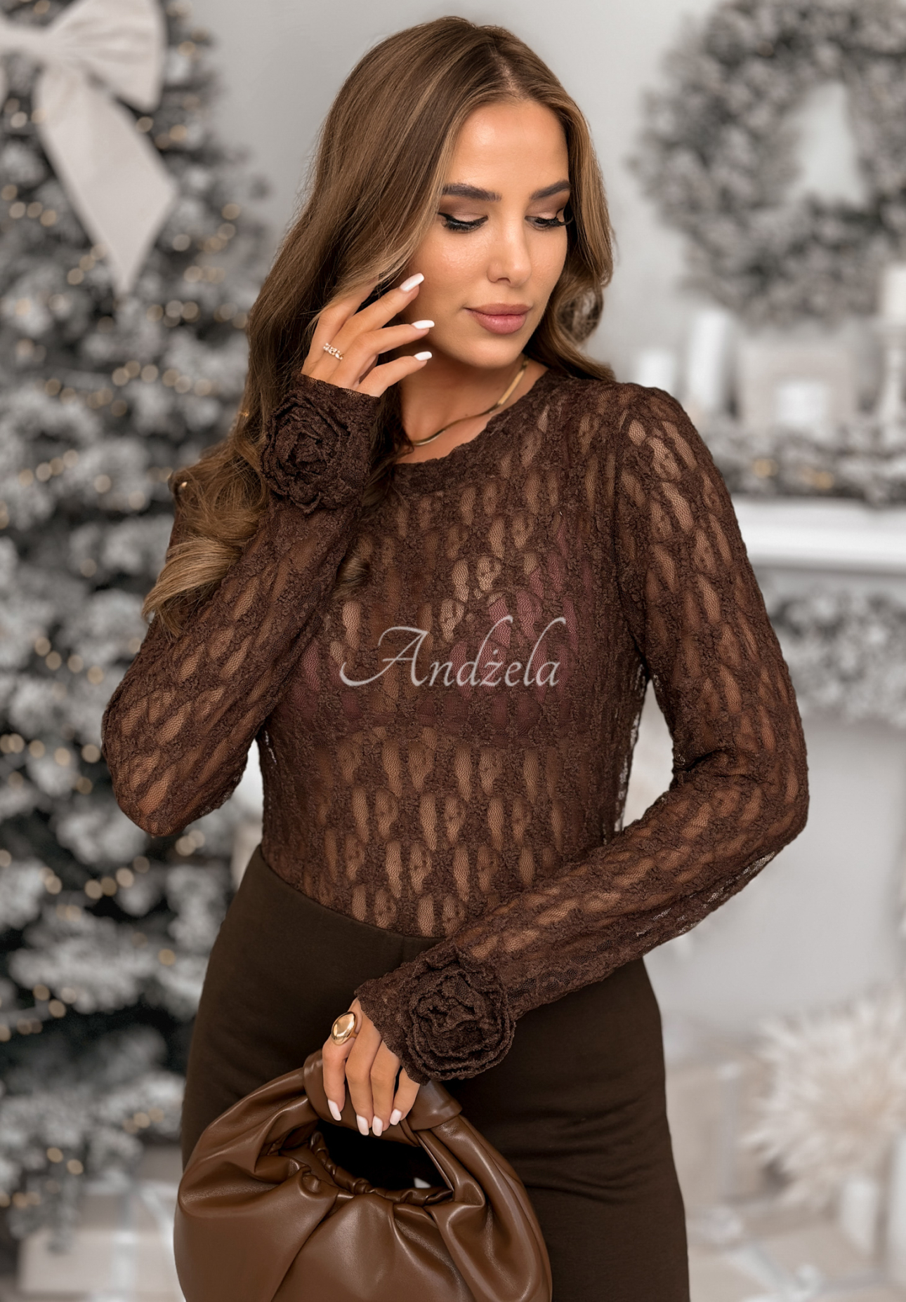Spitzenbluse longsleeve mit Rosen Lace &amp; Roses Schokoladenbraun