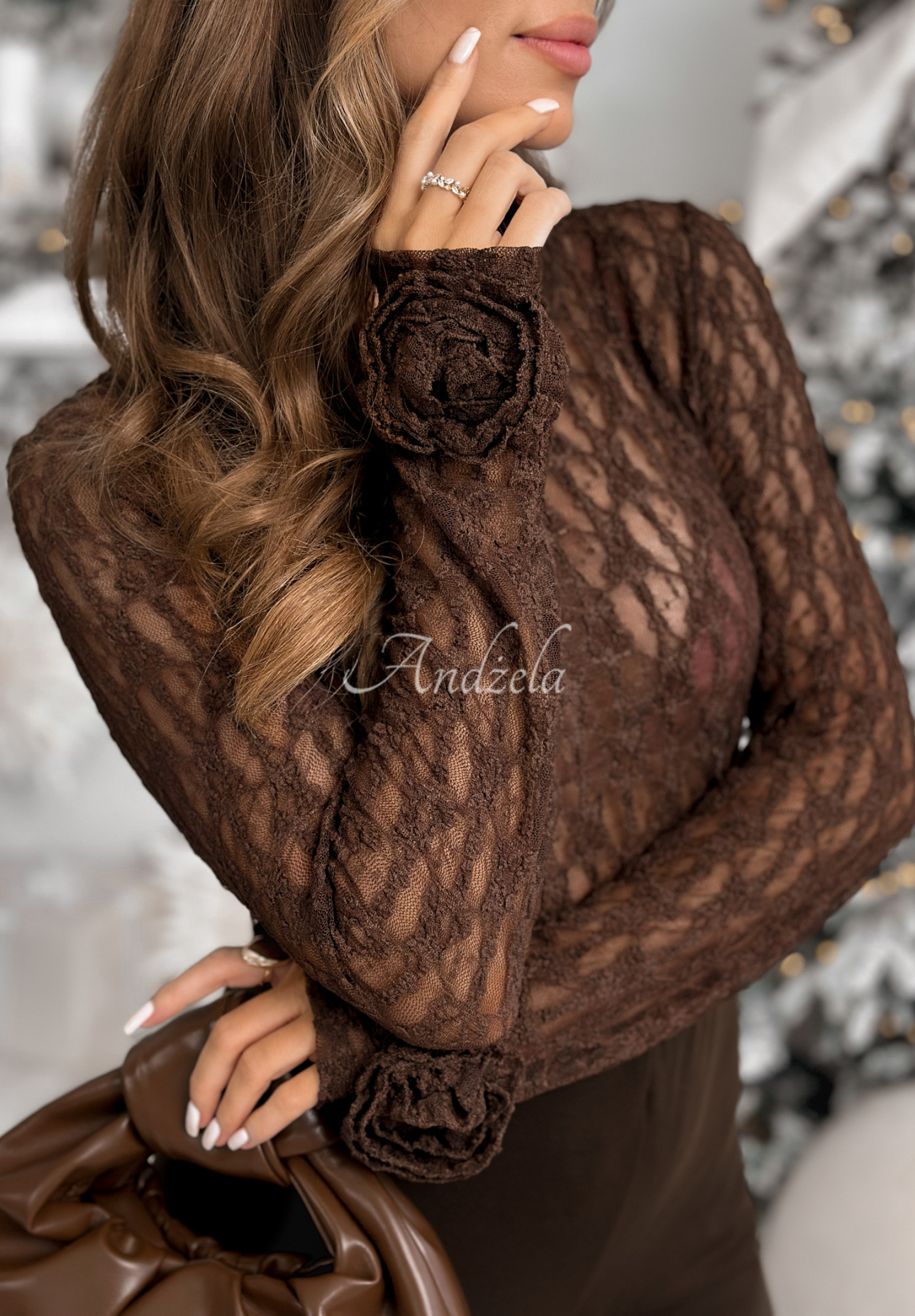 Spitzenbluse longsleeve mit Rosen Lace &amp; Roses Schokoladenbraun