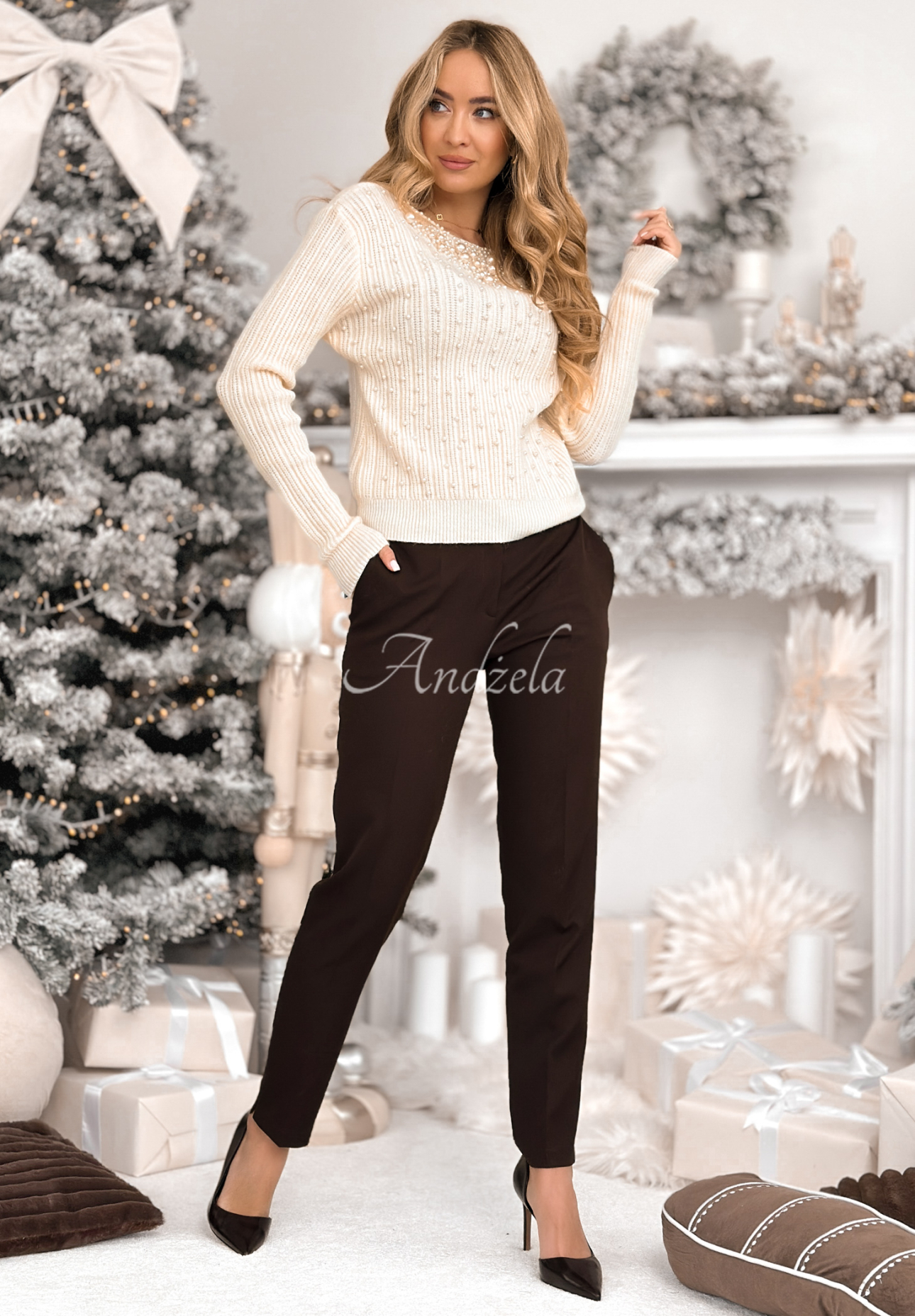 Gerippter Pullover mit Perlen Pearly Lady Ecru