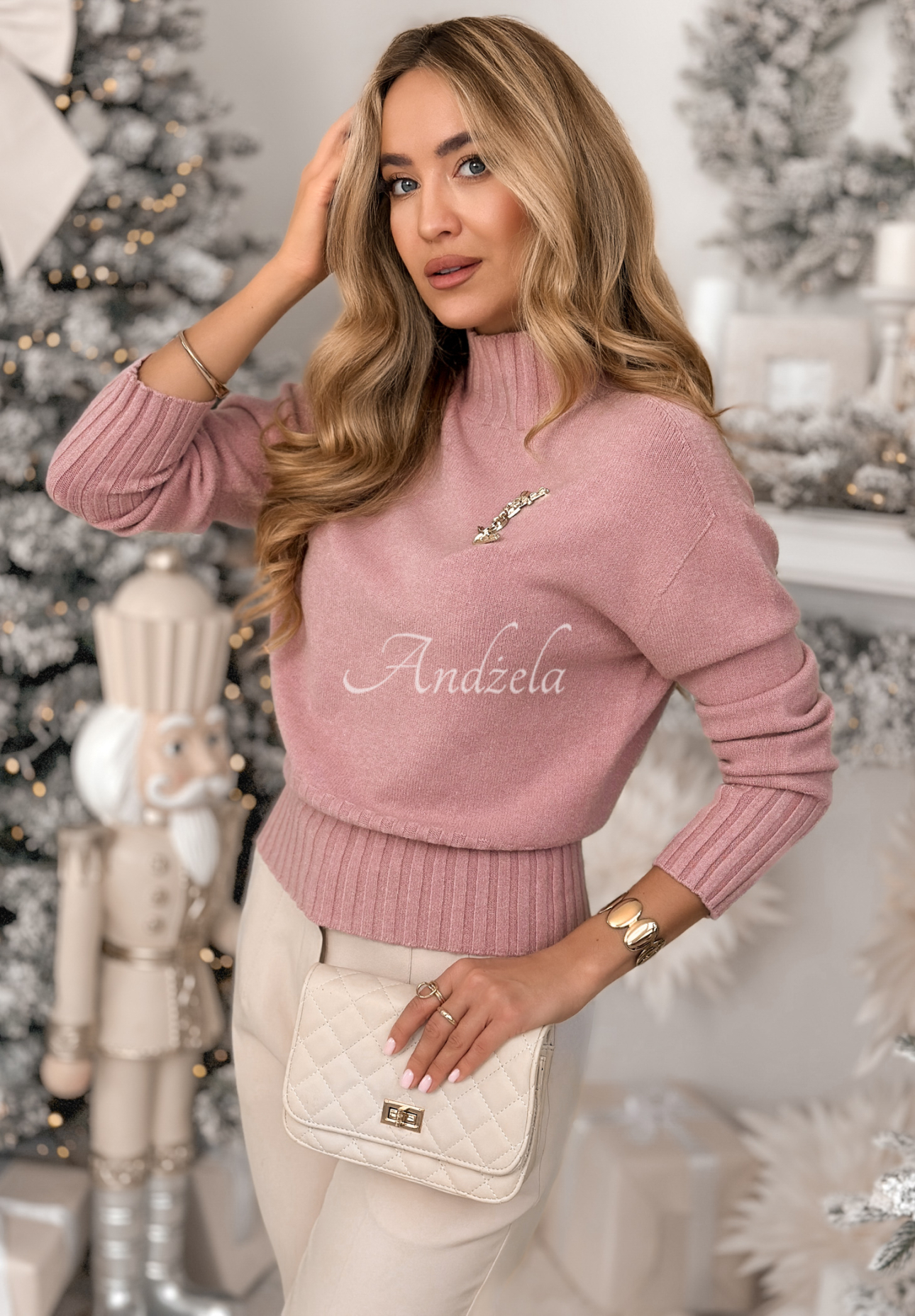 Kurzer Rollkragenpullover aus Viskose Single Snowflake Rosa