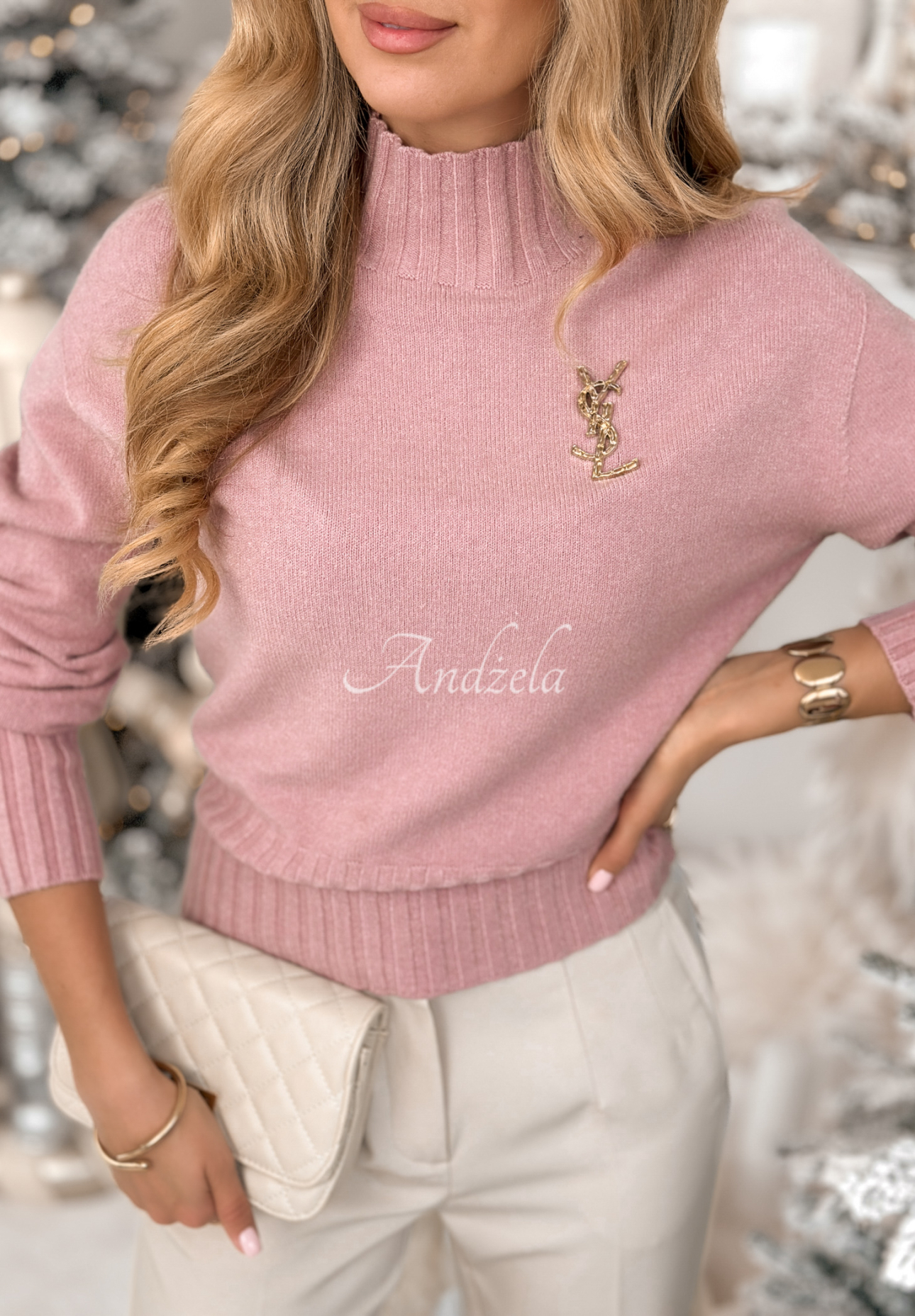 Kurzer Rollkragenpullover aus Viskose Single Snowflake Rosa