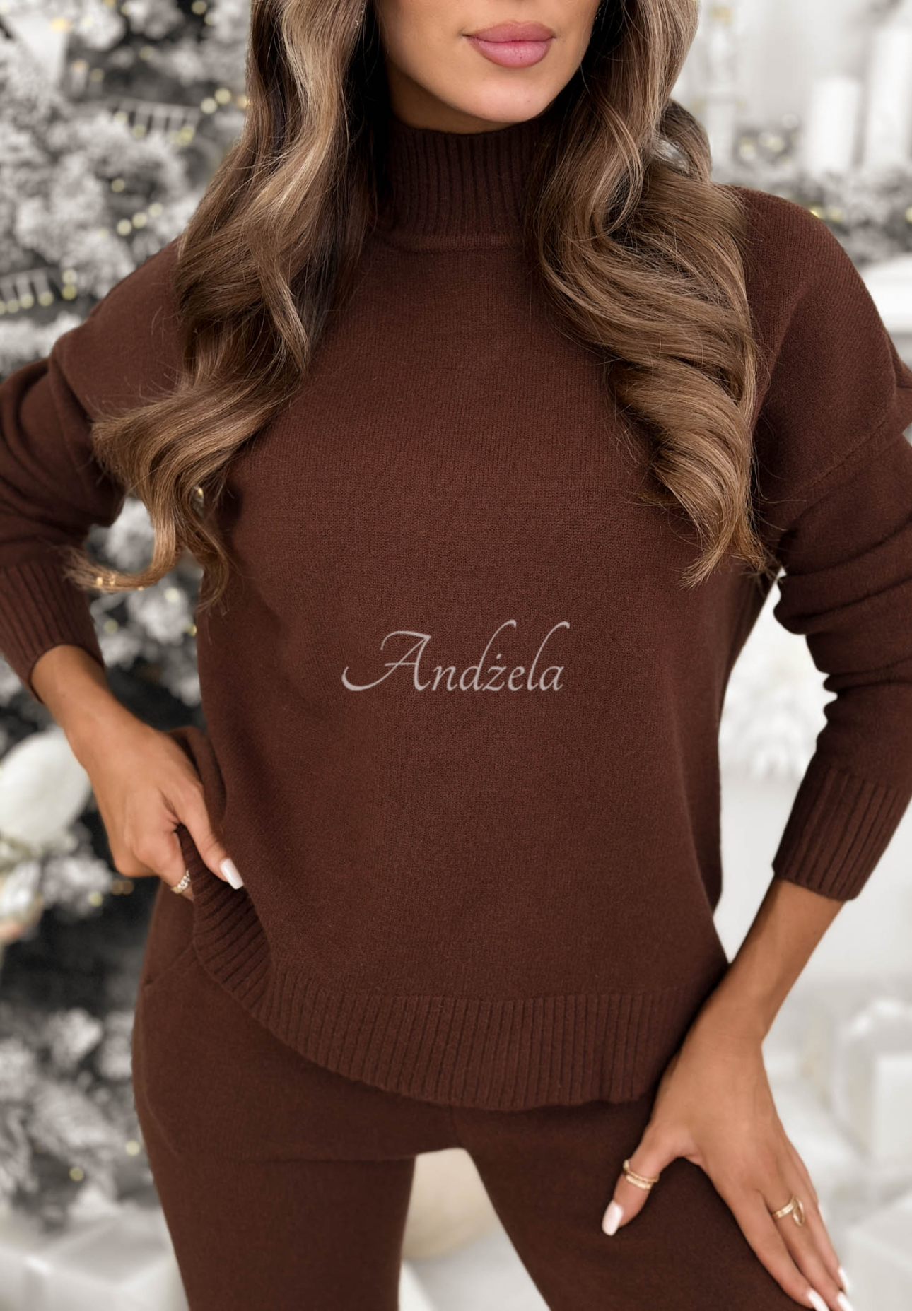 Strickset aus Pullover und Hose wide leg January Snow Schokoladenbraun