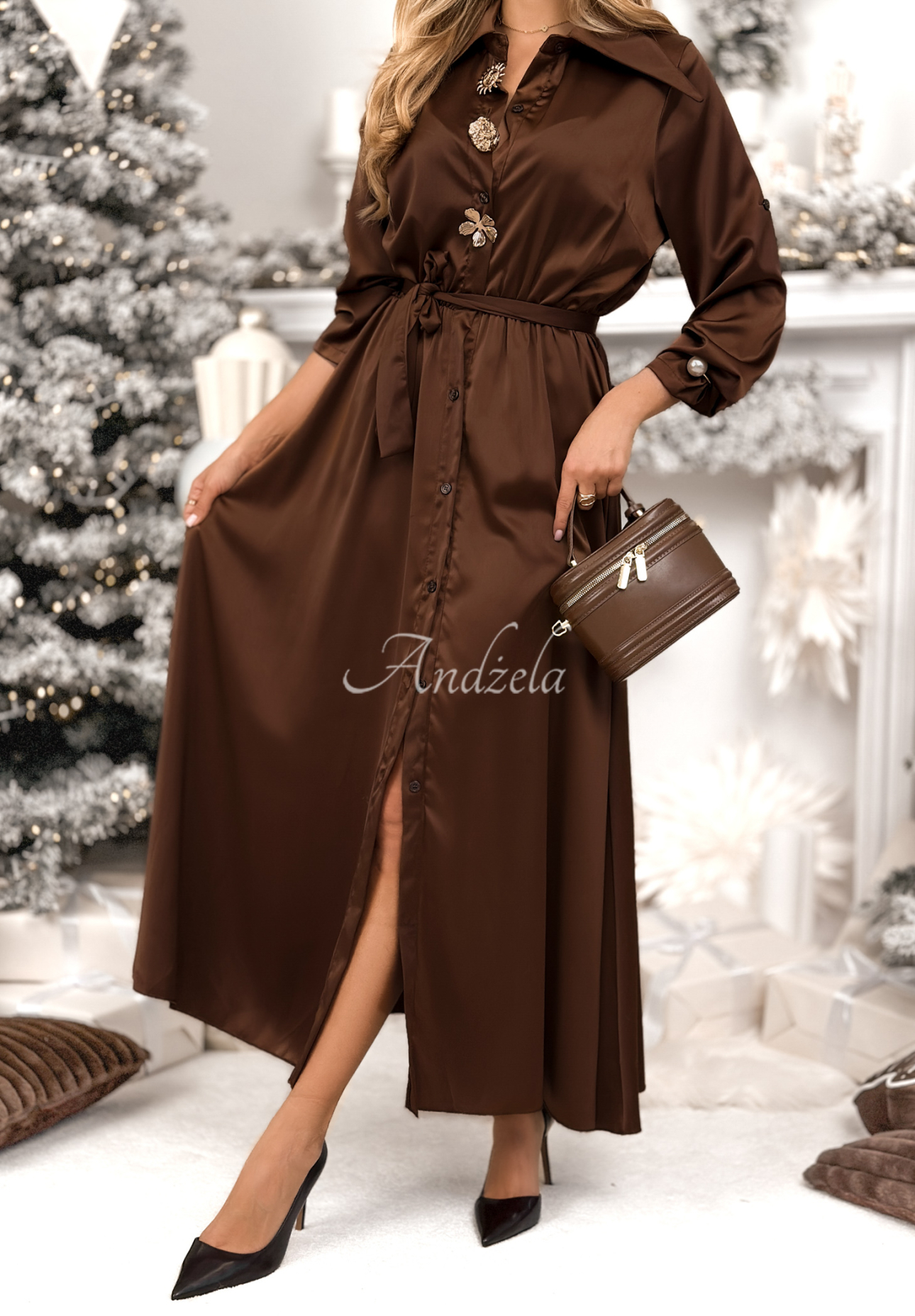 Maxi-Hemdkleid aus Satin Maybe Yes Maybe No Schokoladenbraun