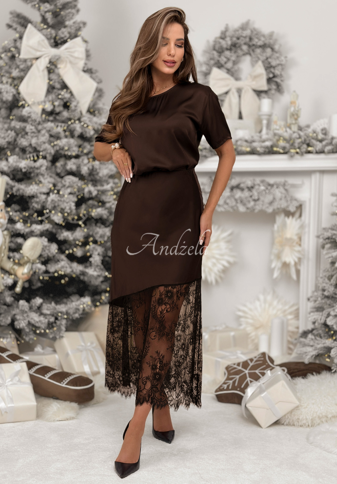Bluse aus Viskose-Satin mit Spitze Always Wanted Schokoladenbraun