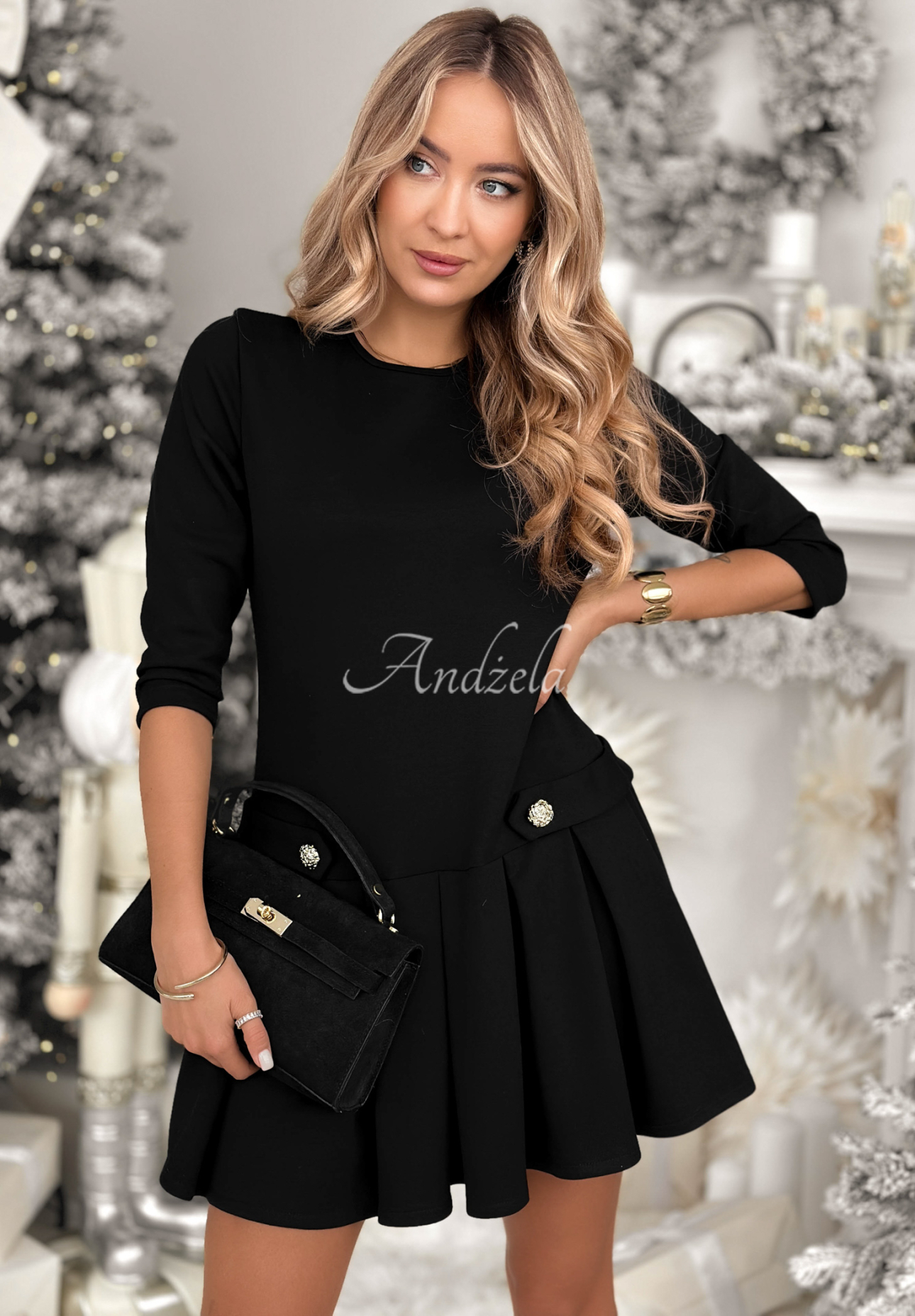 Viskosekleid mit Falten Christmas Day Schwarz