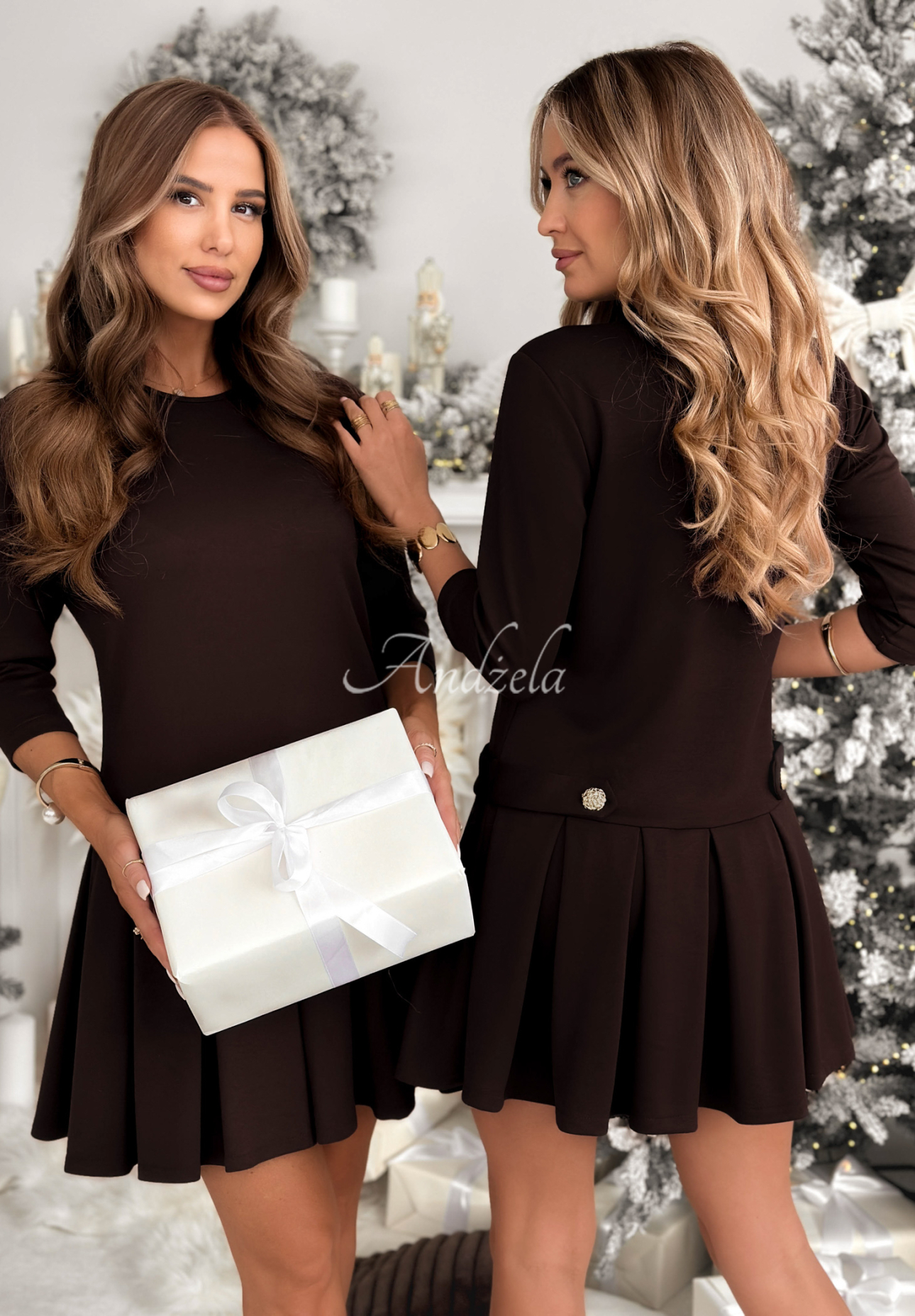 Viskosekleid mit Falten Christmas Day Schokoladenbraun