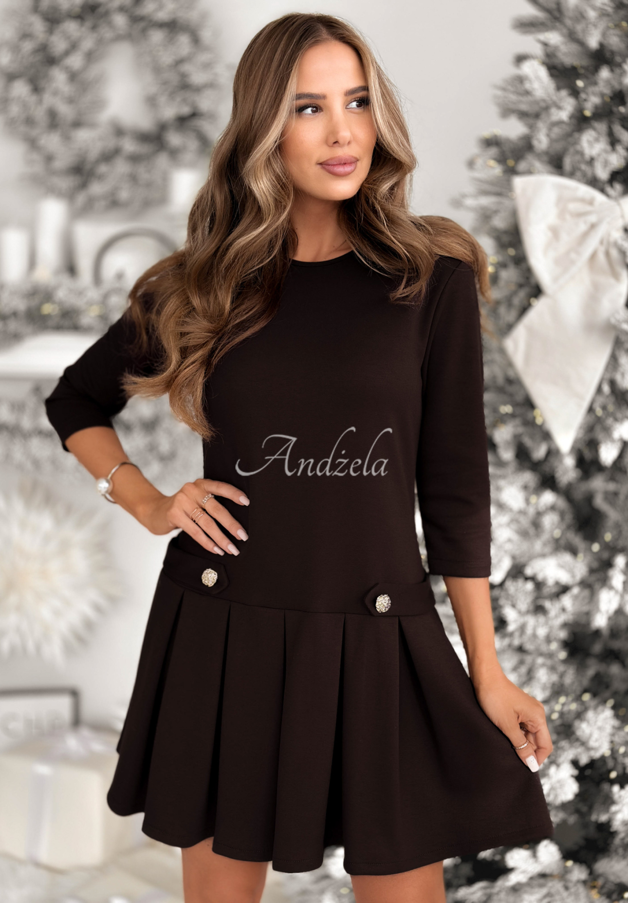 Viskosekleid mit Falten Christmas Day Schokoladenbraun