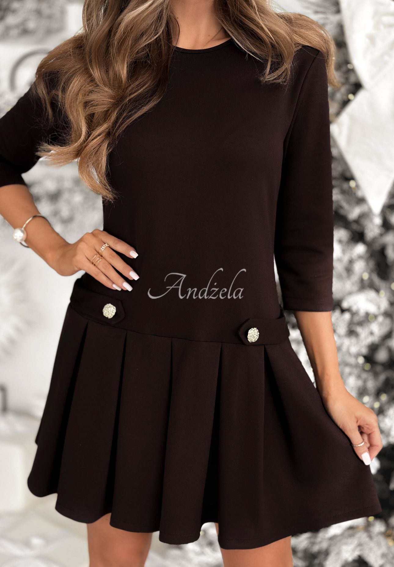 Viskosekleid mit Falten Christmas Day Schokoladenbraun