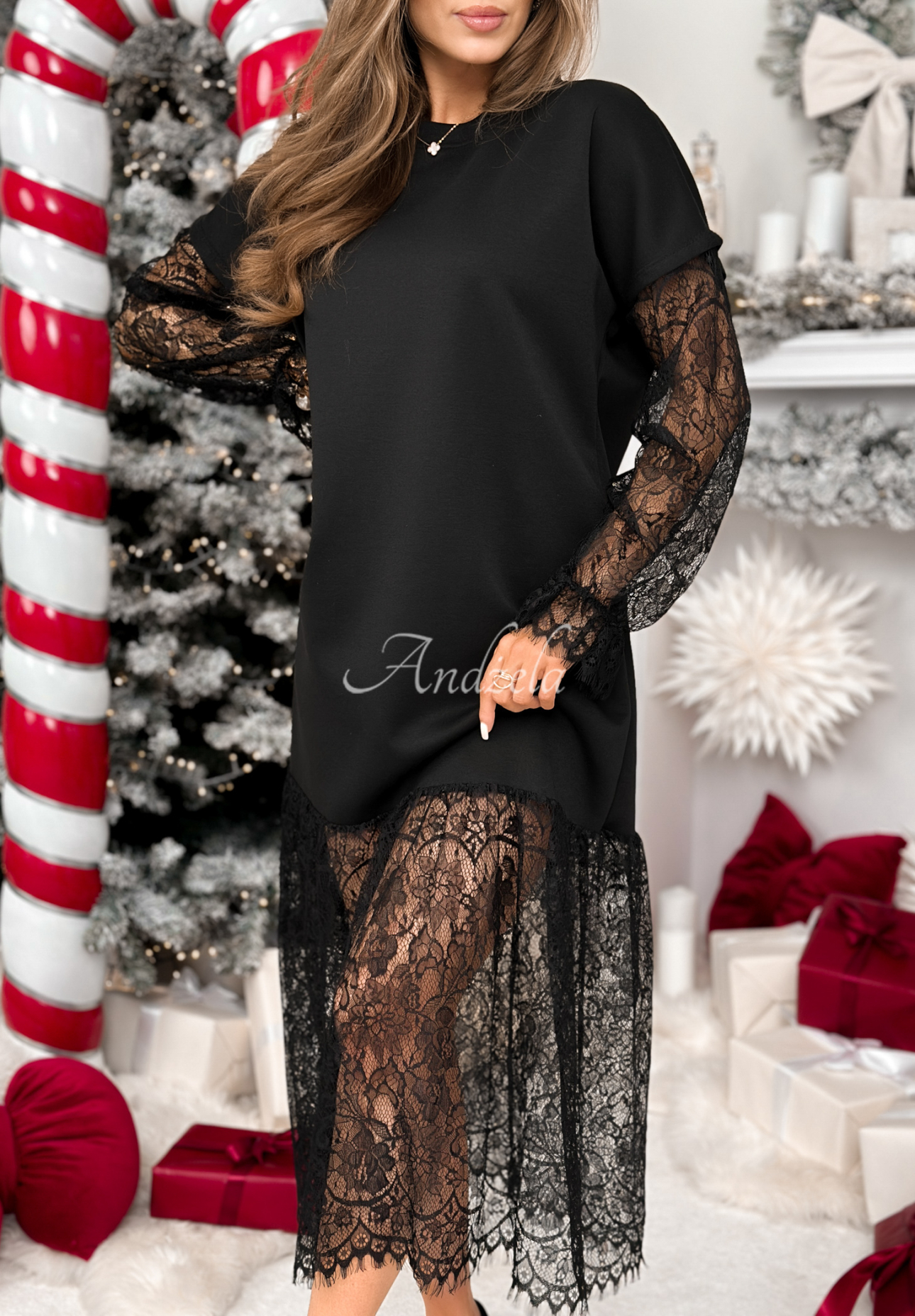 Viskose-Midikleid mit Spitze Ultimate Success Schwarz