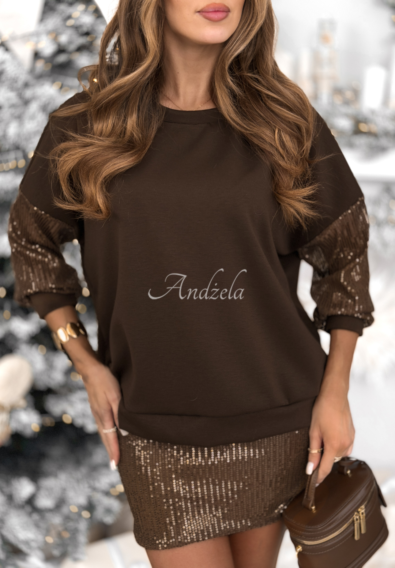 Set aus Sweatshirt und Rock mit Pailletten Got The Power Schokoladenbraun
