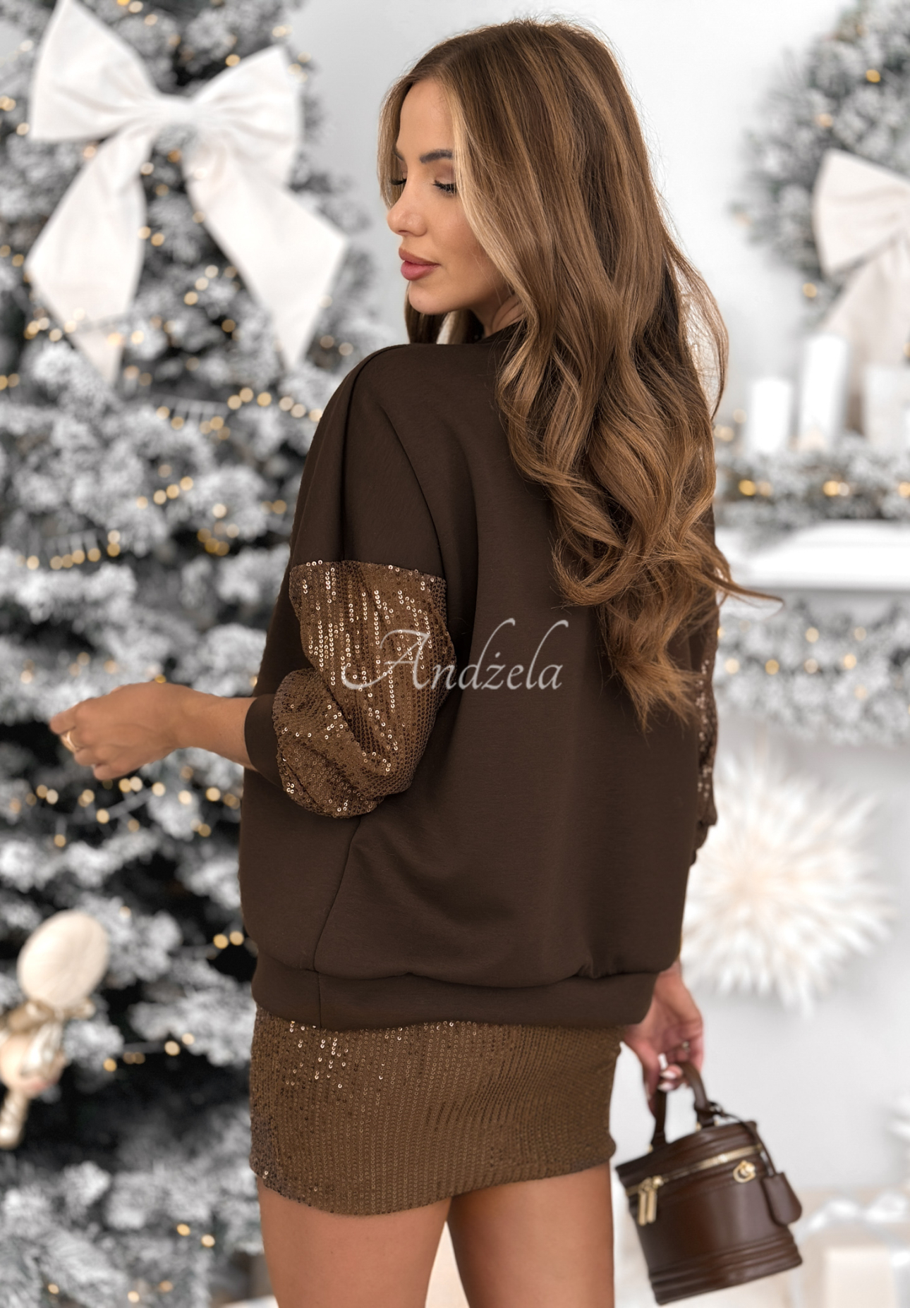 Set aus Sweatshirt und Rock mit Pailletten Got The Power Schokoladenbraun
