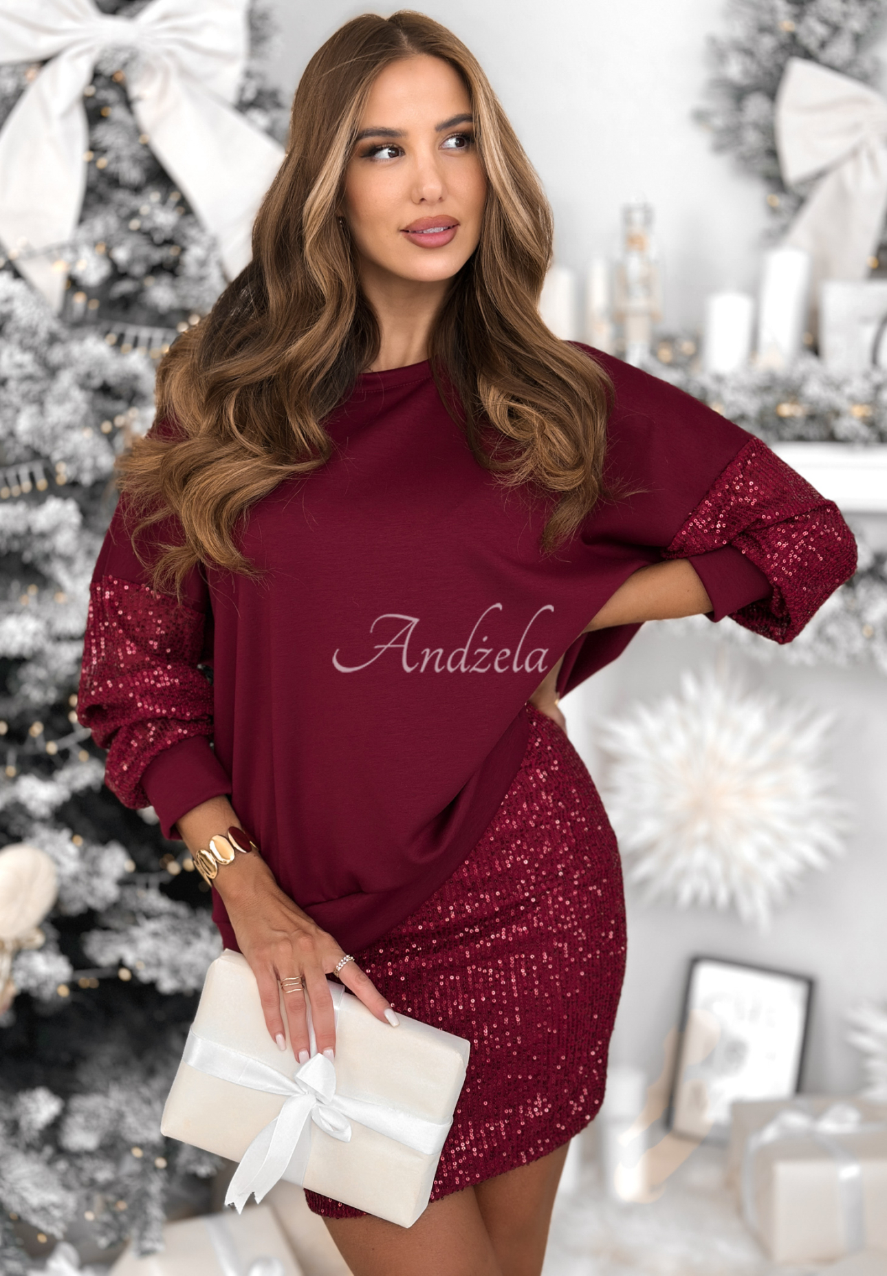 Set aus Sweatshirt und Rock mit Pailletten Got The Power Burgunderrot