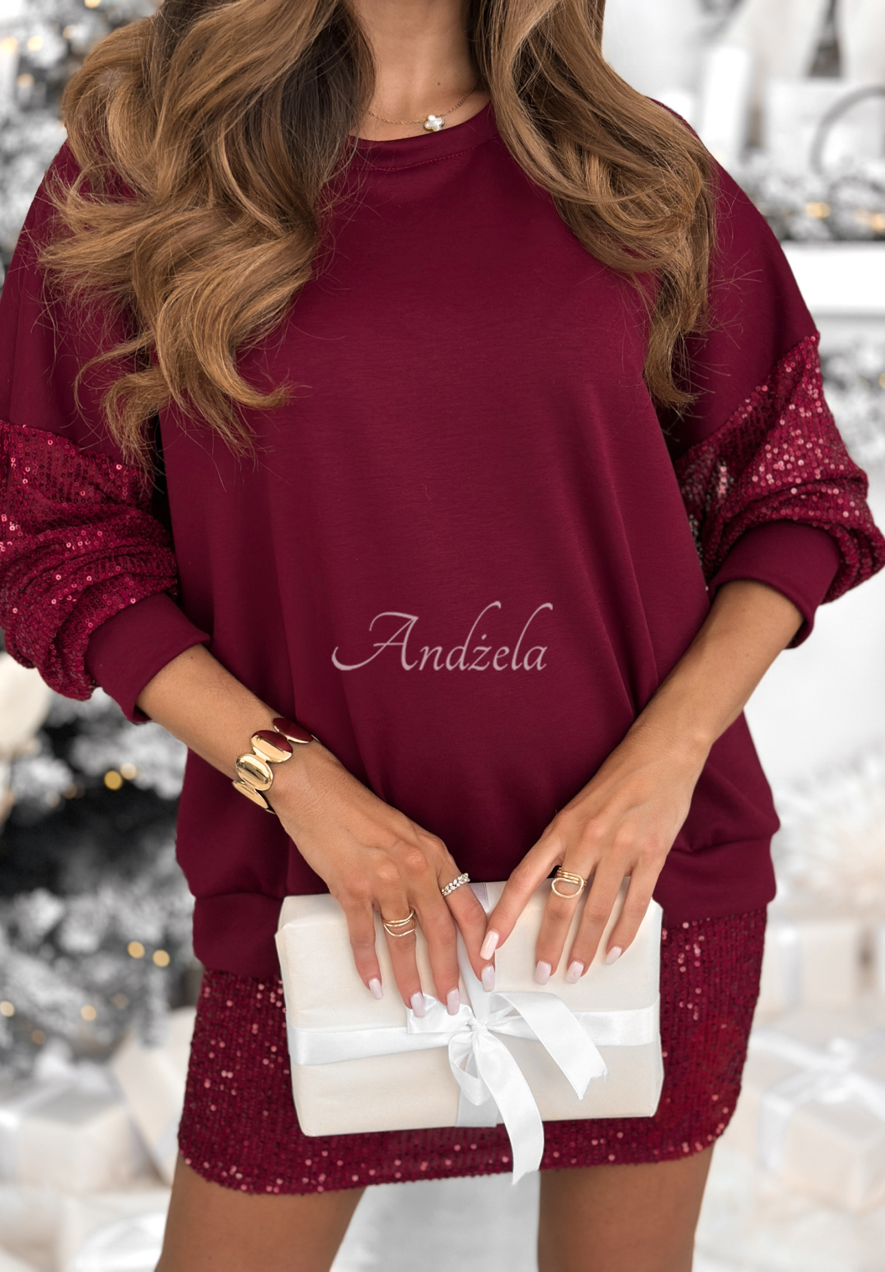 Set aus Sweatshirt und Rock mit Pailletten Got The Power Burgunderrot