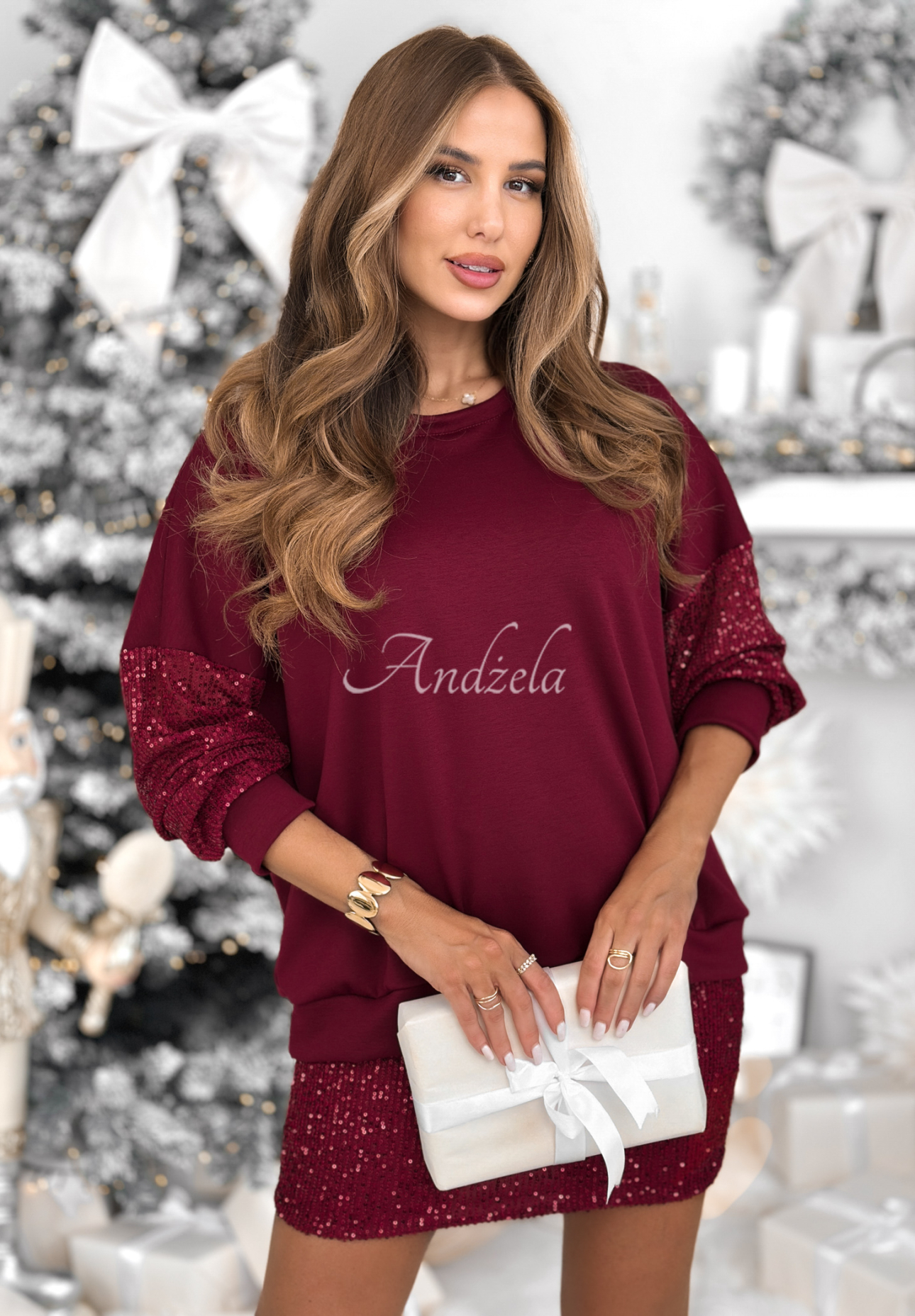 Set aus Sweatshirt und Rock mit Pailletten Got The Power Burgunderrot