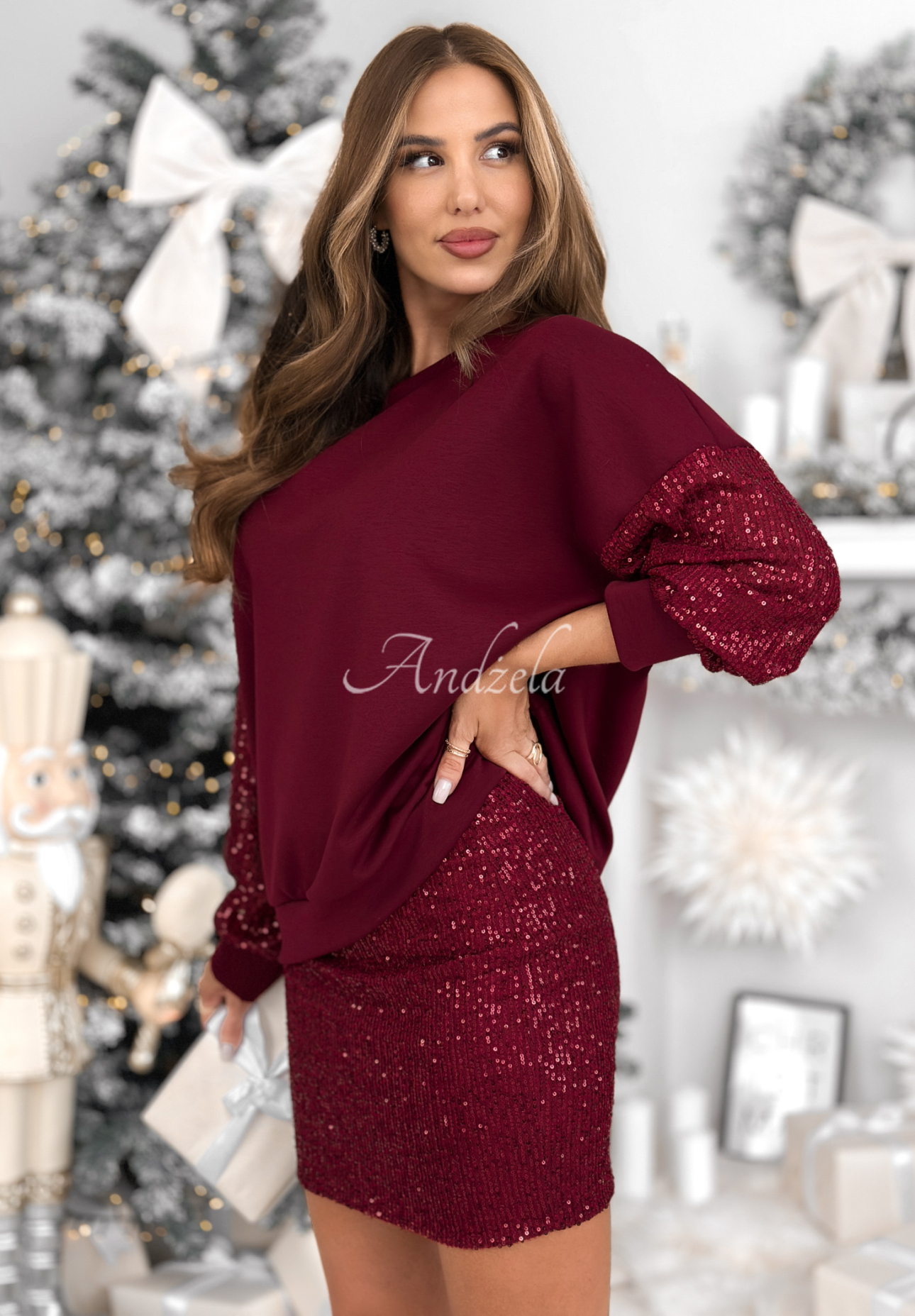 Set aus Sweatshirt und Rock mit Pailletten Got The Power Burgunderrot