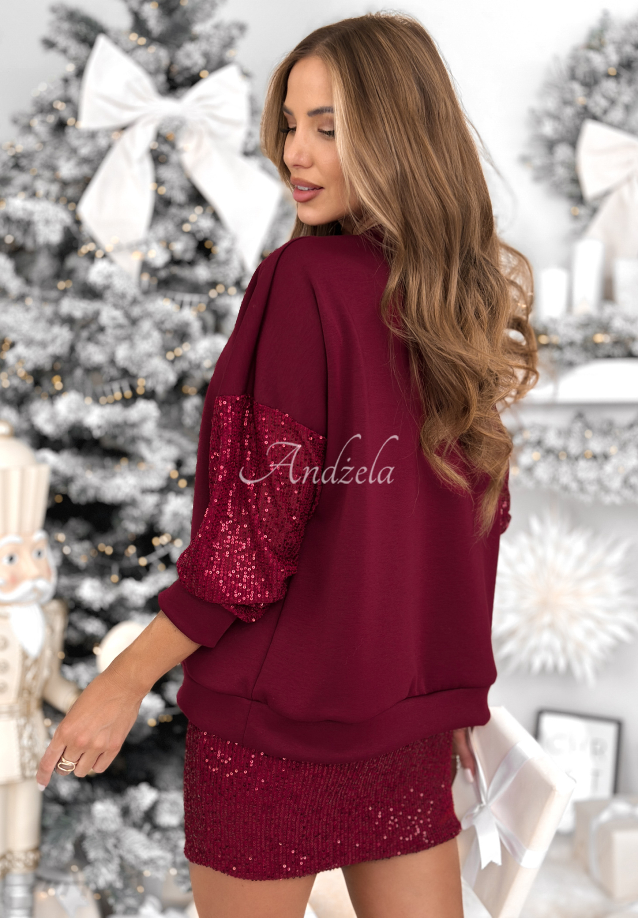 Set aus Sweatshirt und Rock mit Pailletten Got The Power Burgunderrot