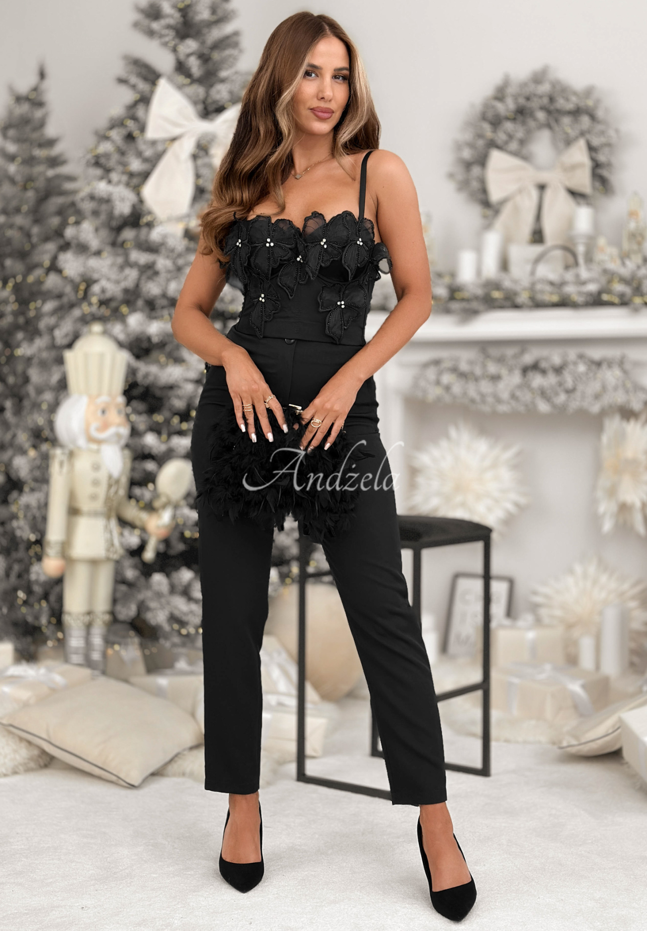 Kurzes Top mit Zierblumen Lady In Flowers Schwarz