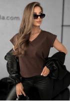 T-shirt V-neck czekoladowy