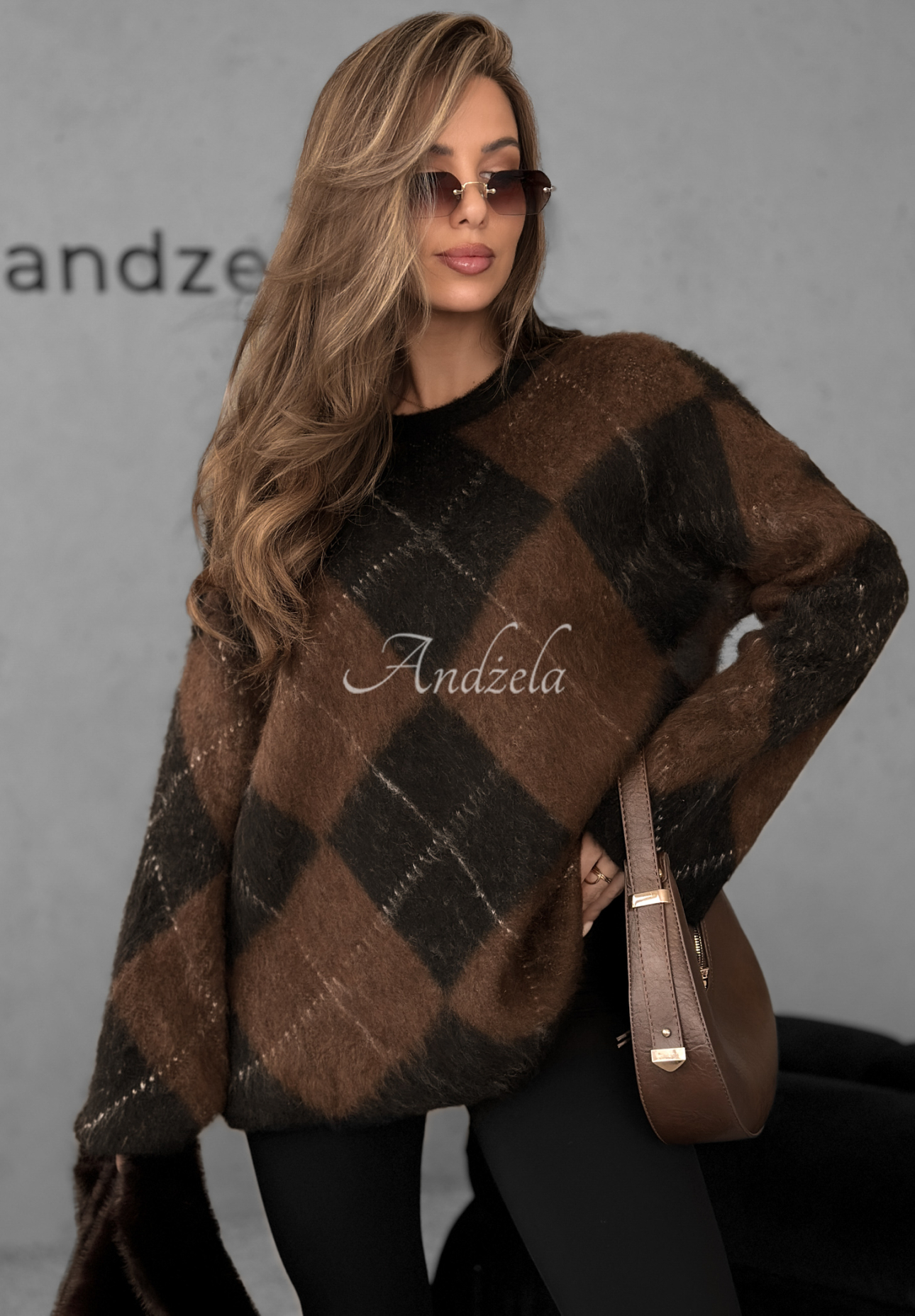 Pullover aus Wolle und Viskose mit Rautenmuster Winter Things schokoladenbraun-schwarz