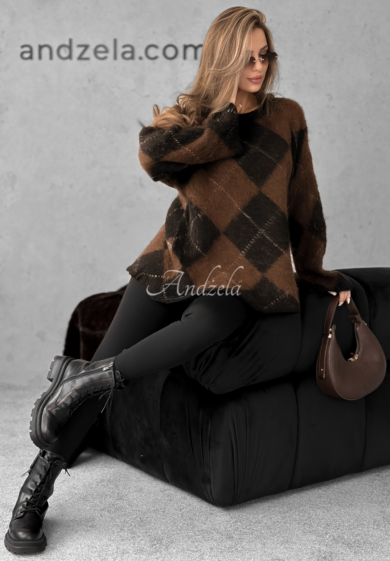 Pullover aus Wolle und Viskose mit Rautenmuster Winter Things schokoladenbraun-schwarz