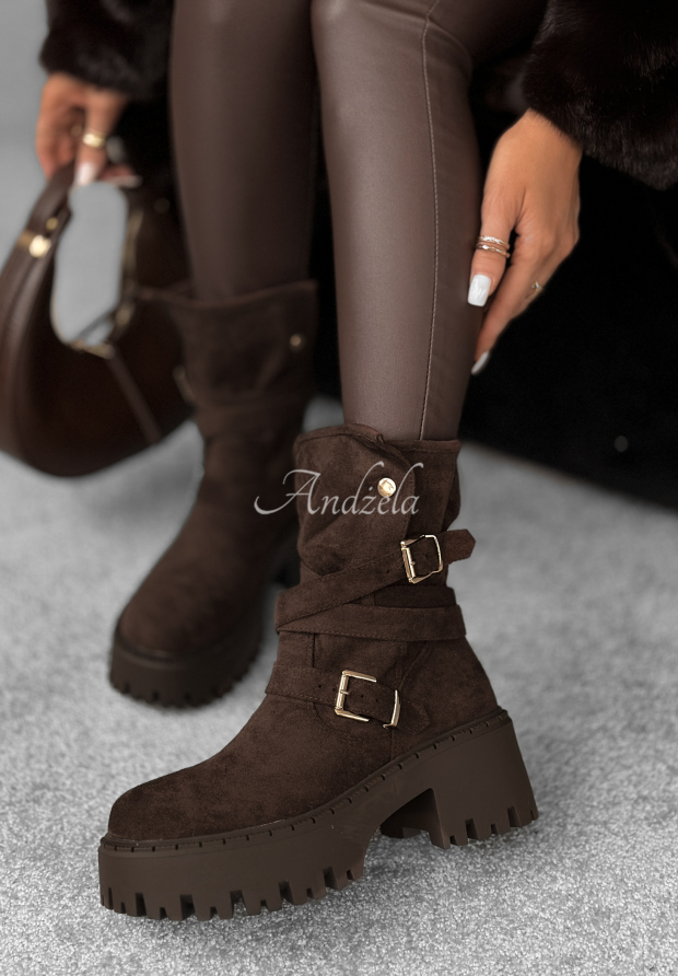 Wildleder Stiefeletten mit Schnallen Coldest Months Schokoladenbraun