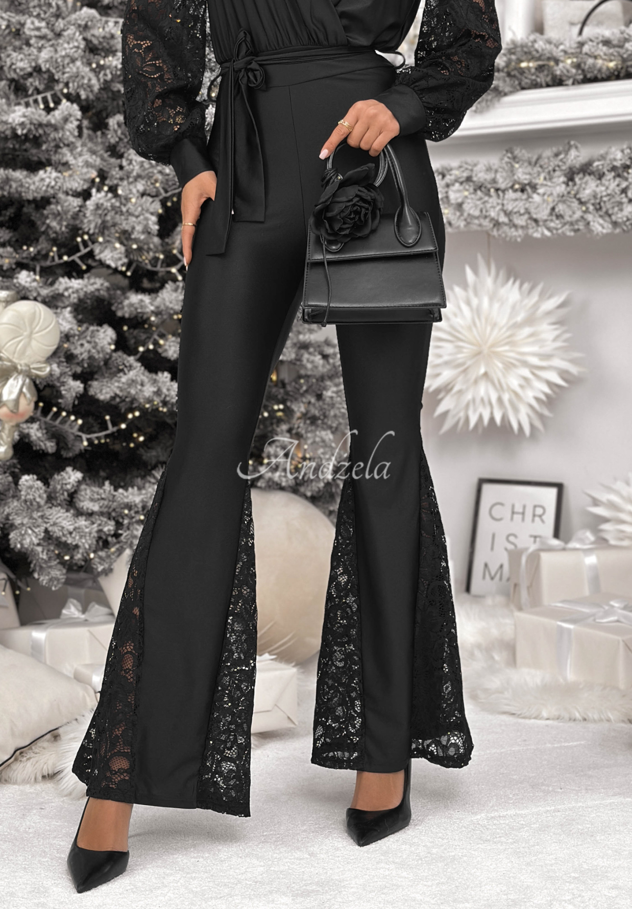 Langer Jumpsuit mit Bindung und Spitze Weekend Loading Schwarz