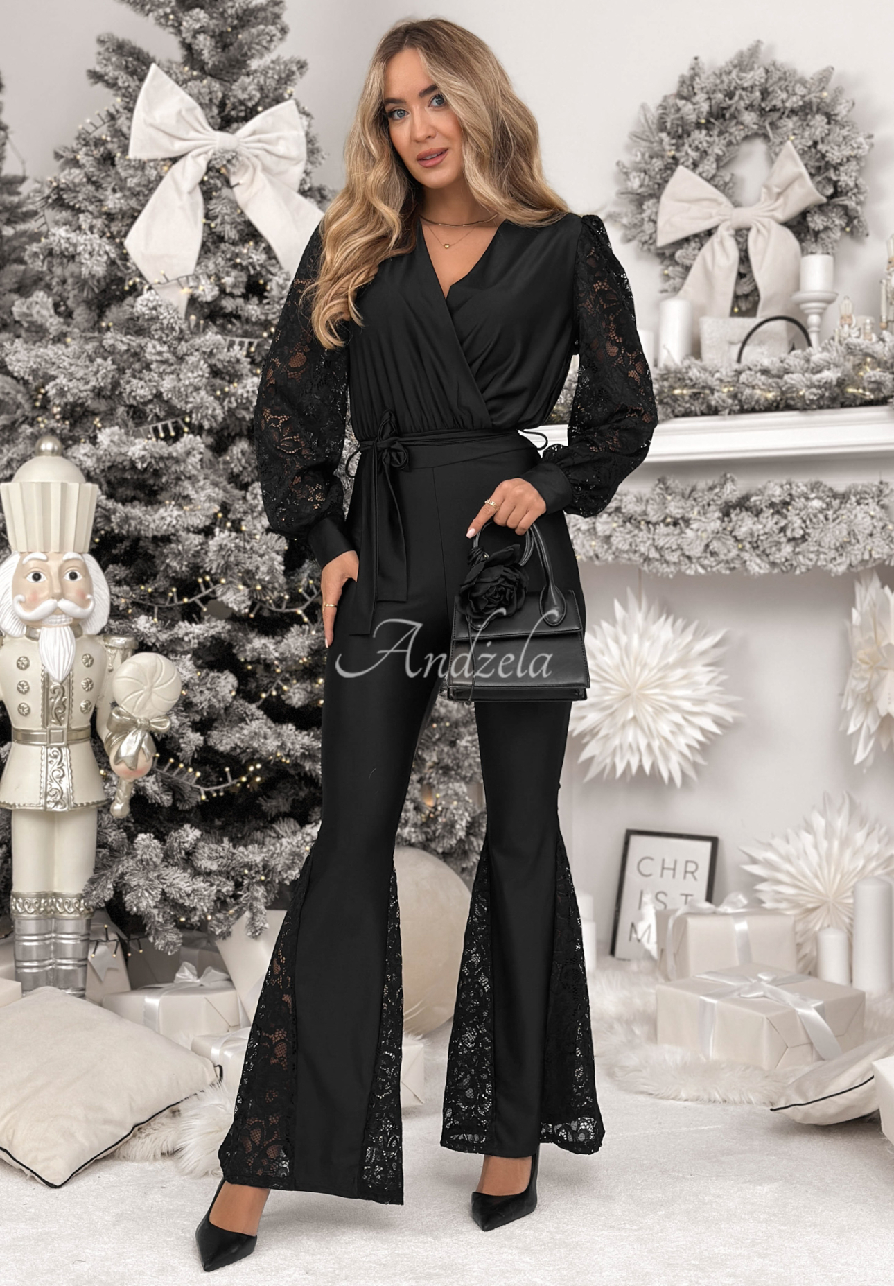 Langer Jumpsuit mit Bindung und Spitze Weekend Loading Schwarz