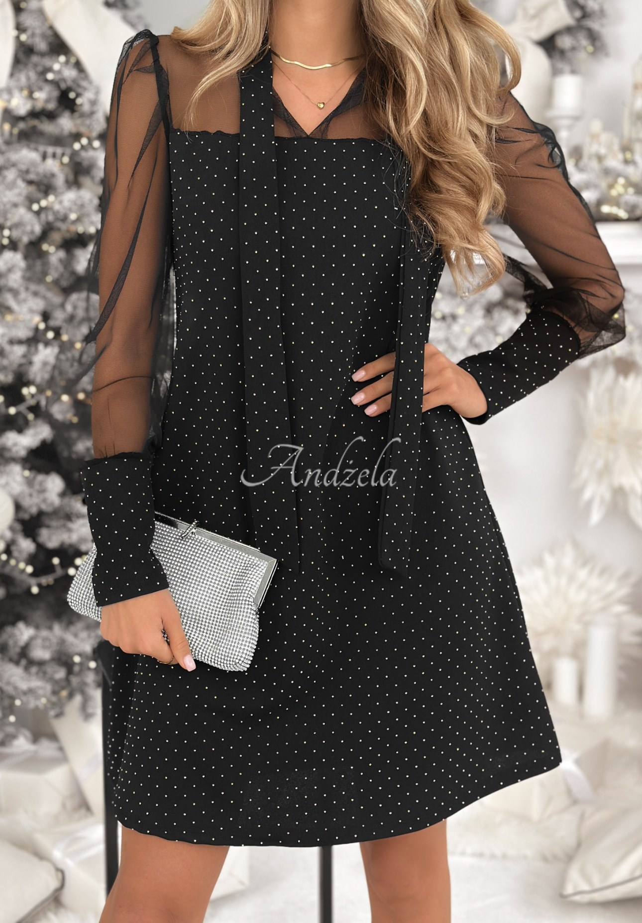 Kleid mit Netz und Kristallen You Left Again Schwarz
