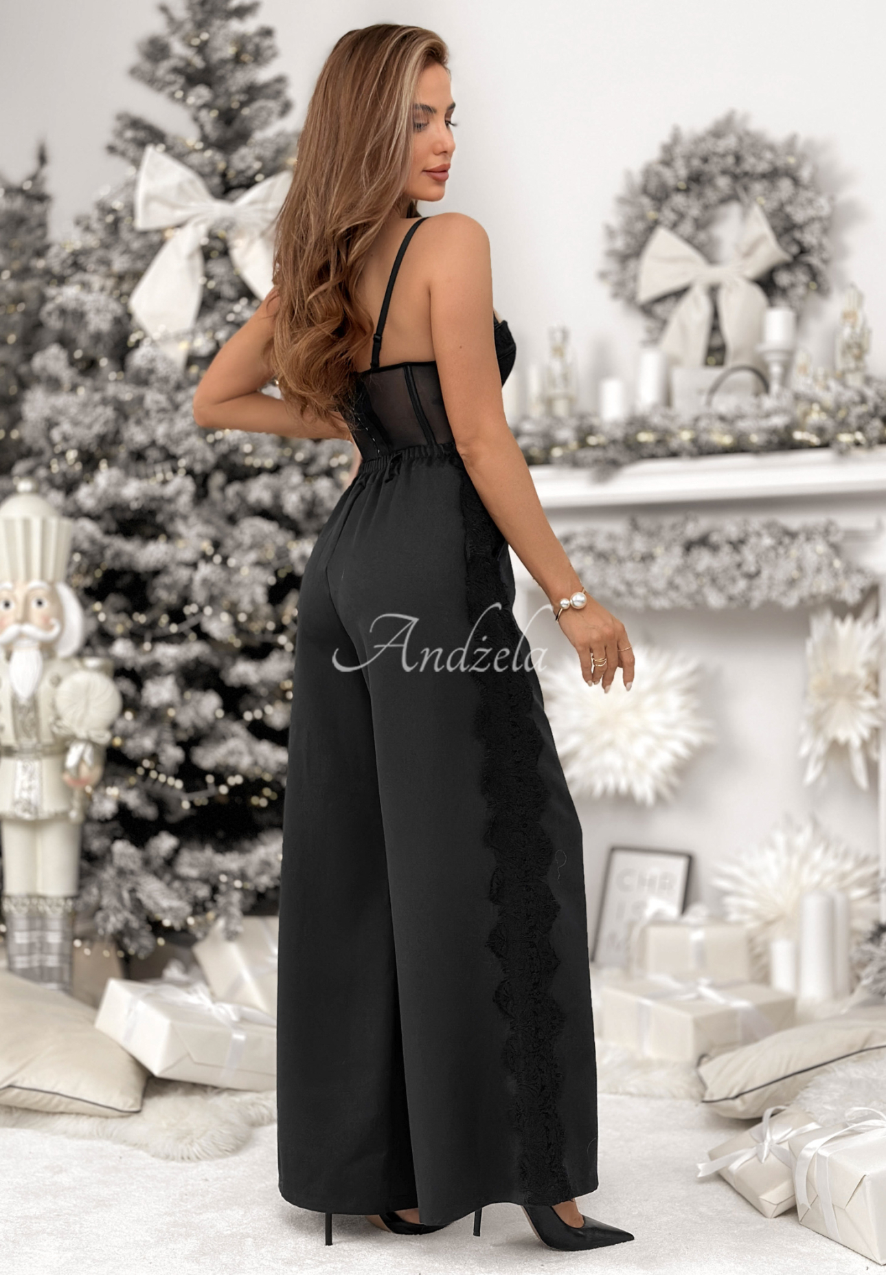 Hose wide leg mit Spitze und Viskose Grace Moment Schwarz