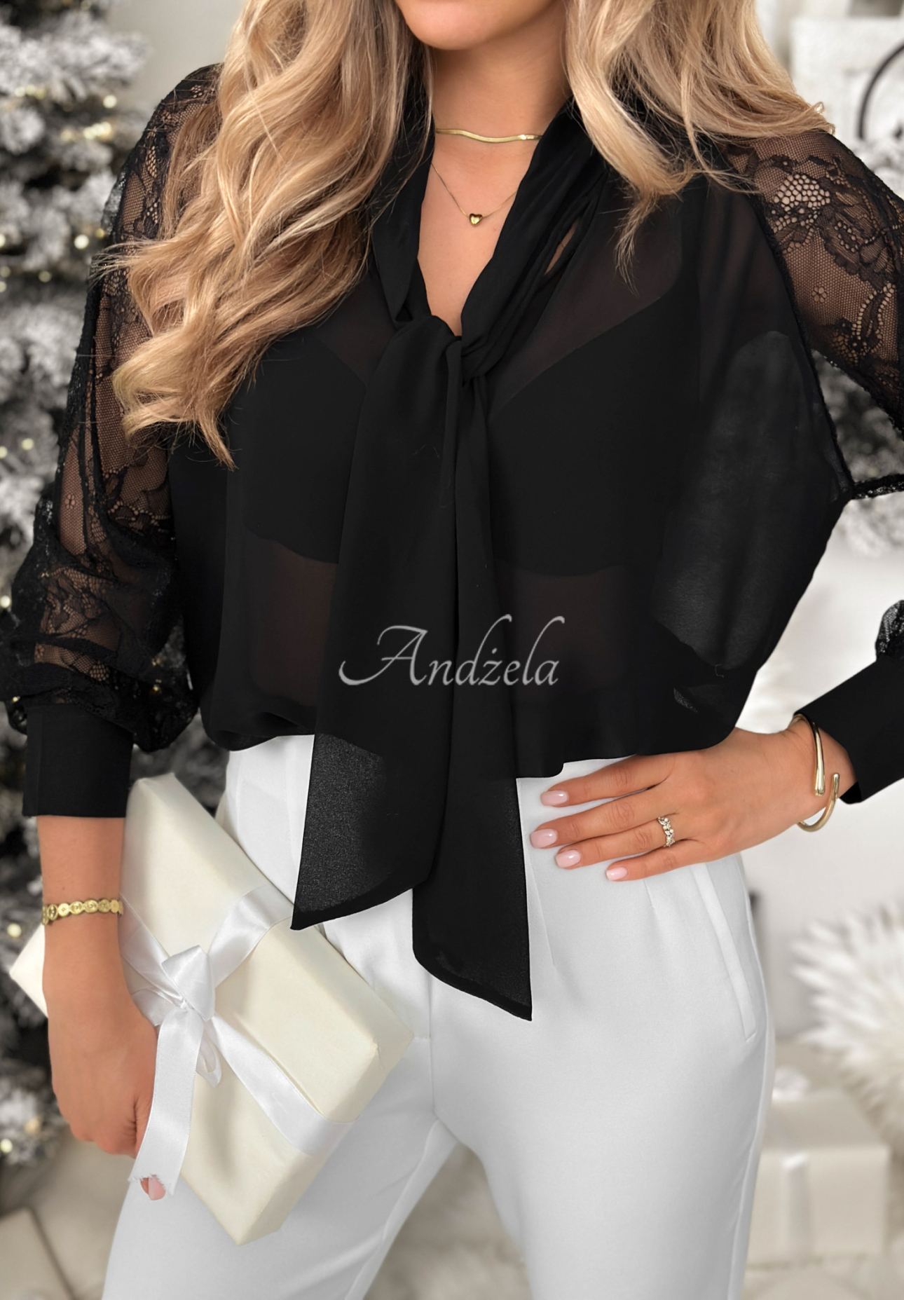Elegante Bluse mit Bindung und Spitze Last Message Schwarz
