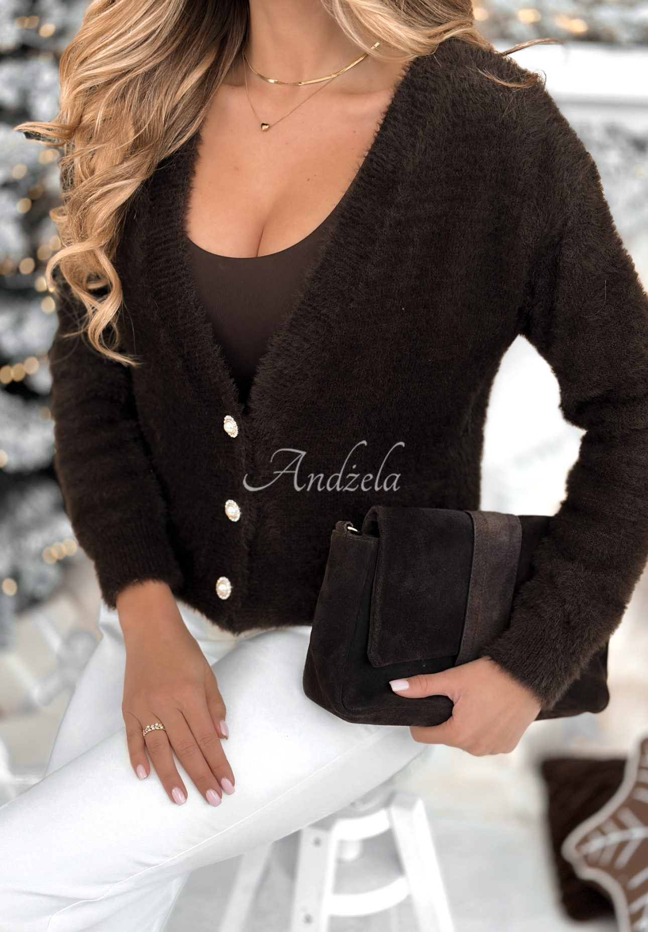 Kurzer Alpaka-Cardigan Touch The Clouds Schokoladenbraun