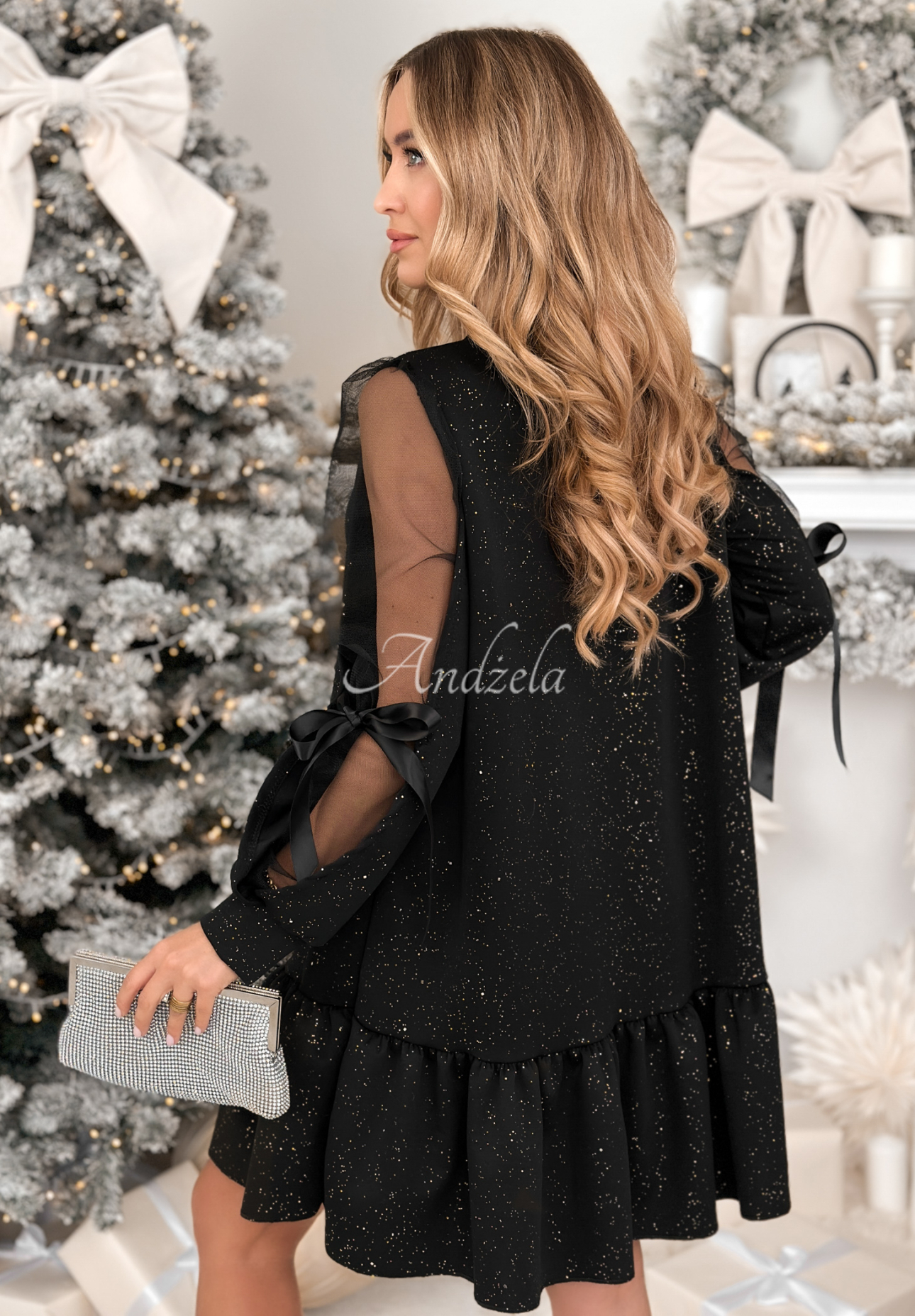 Glänzendes Viskosekleid mit Rüschen und Schleifen Goodbye My Lover  Schwarz