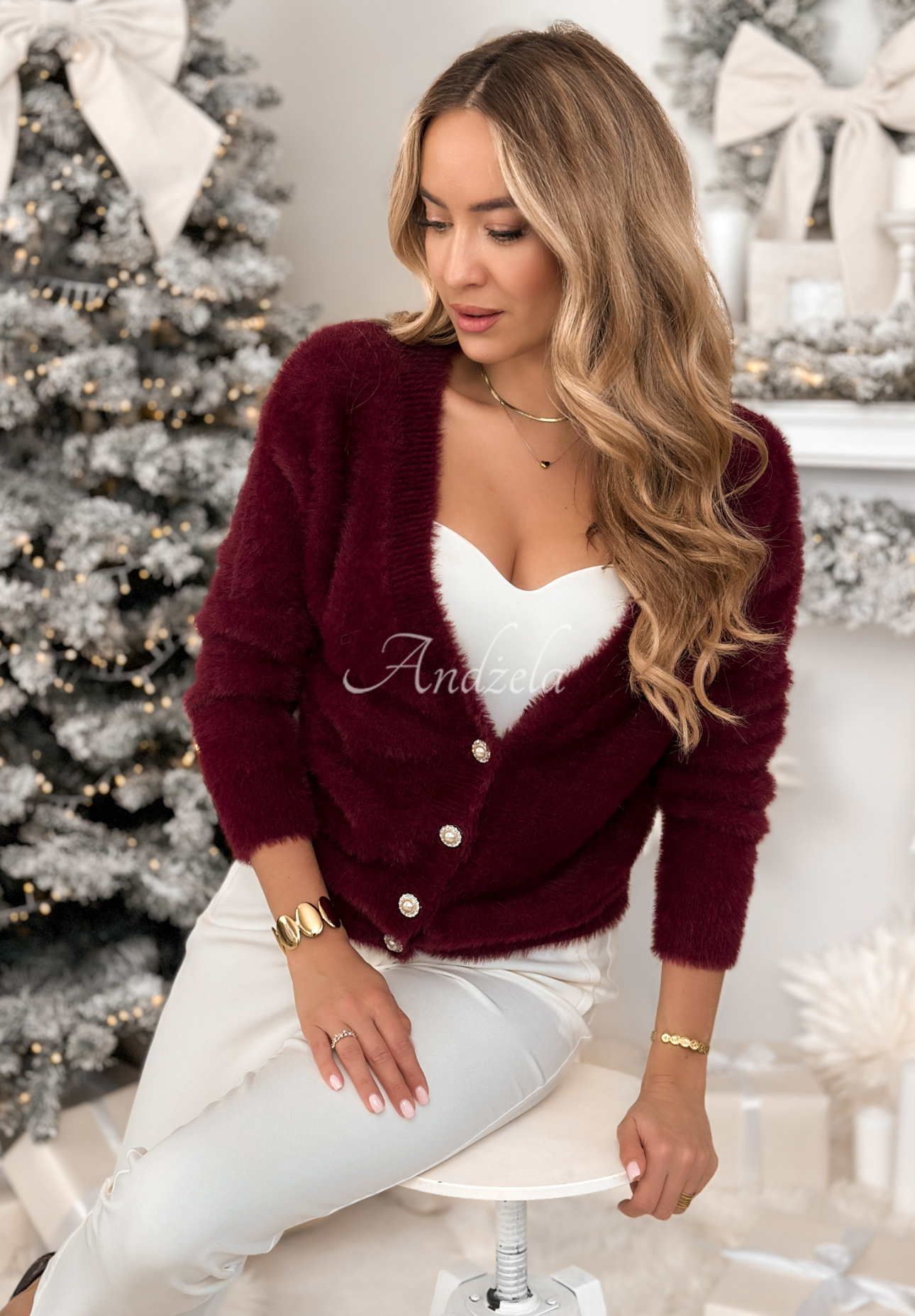 Kurzer Alpaka-Cardigan Touch The Clouds Burgunderrot