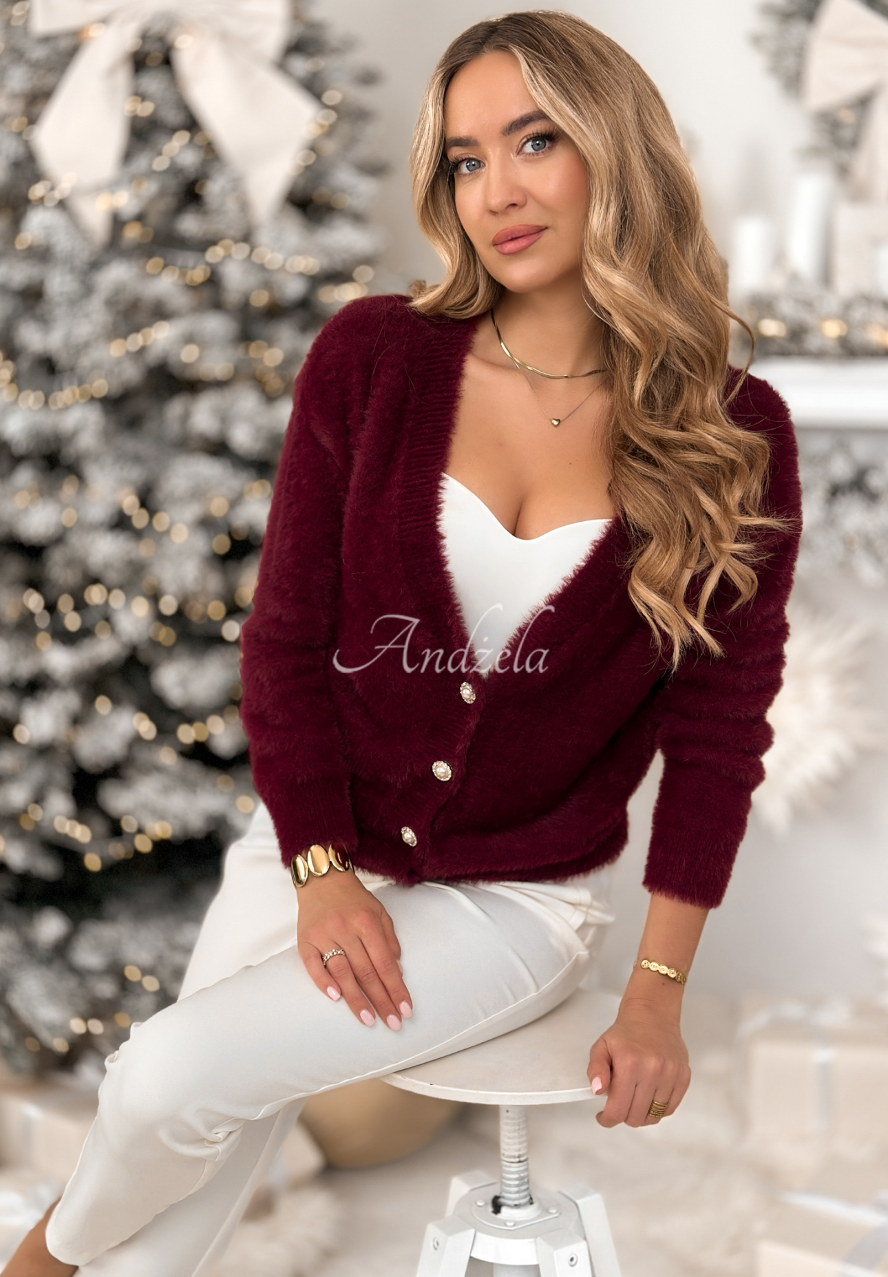 Kurzer Alpaka-Cardigan Touch The Clouds Burgunderrot